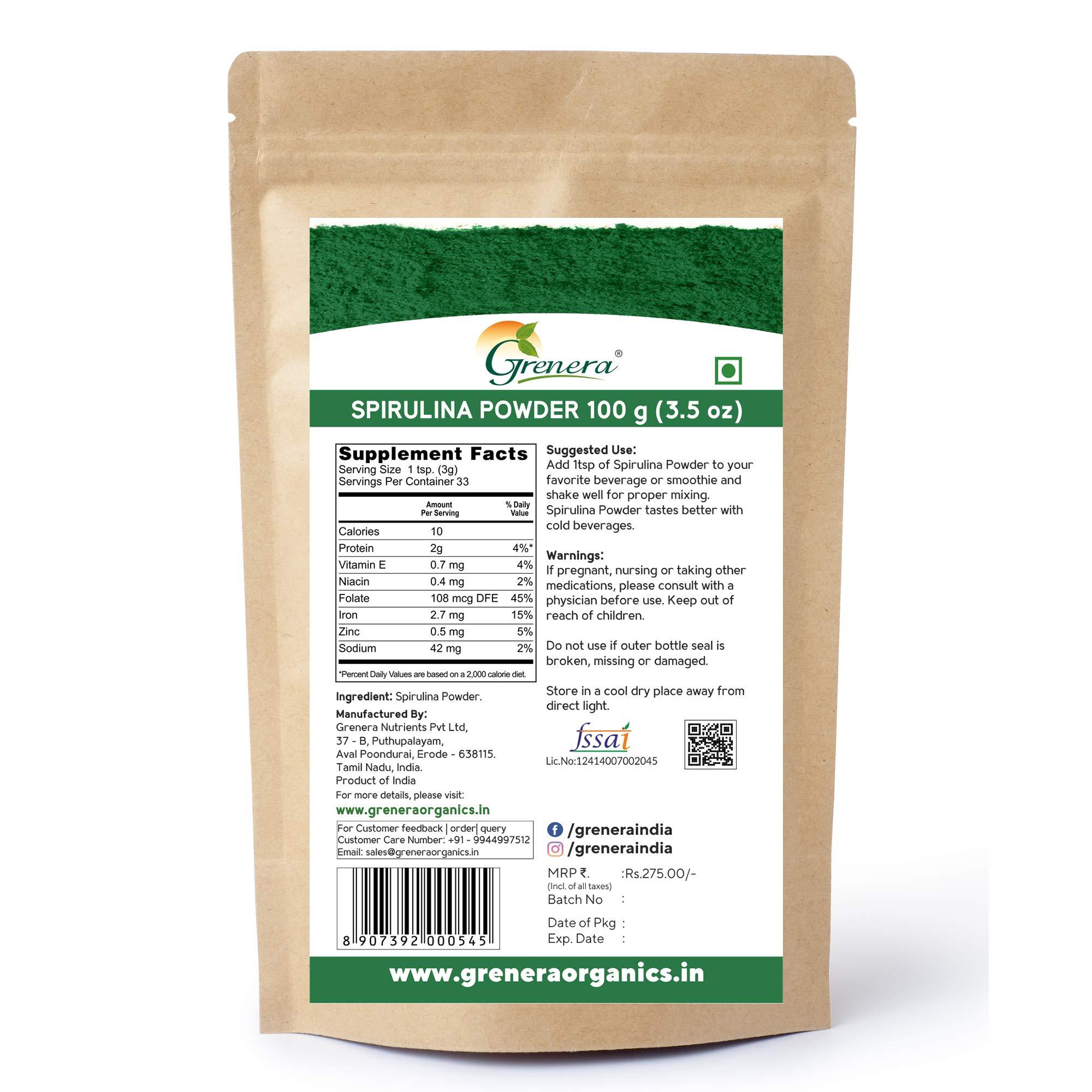GRENERA Grenera Spirulina Powder, Rich in Protein, Vitamins, Minerals, Gluten Free, Vegan, Non GMO, 100 grams