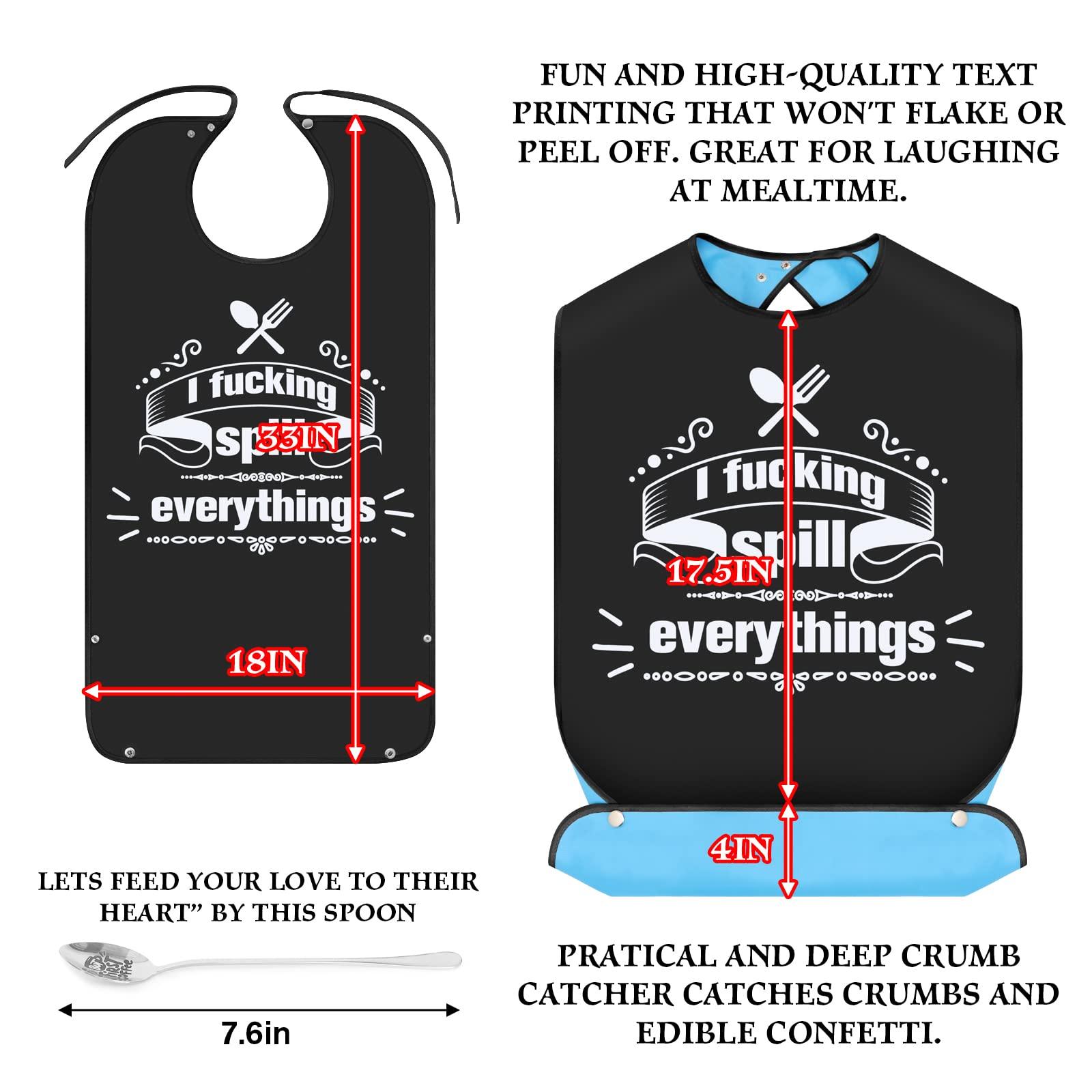 FreeNFond Funny Adult Bibs for Men Women Elderly, Washable Eating Clothing Protectors with Crumb Catcher and Coffee Spoon Gag Gifts (Spill)