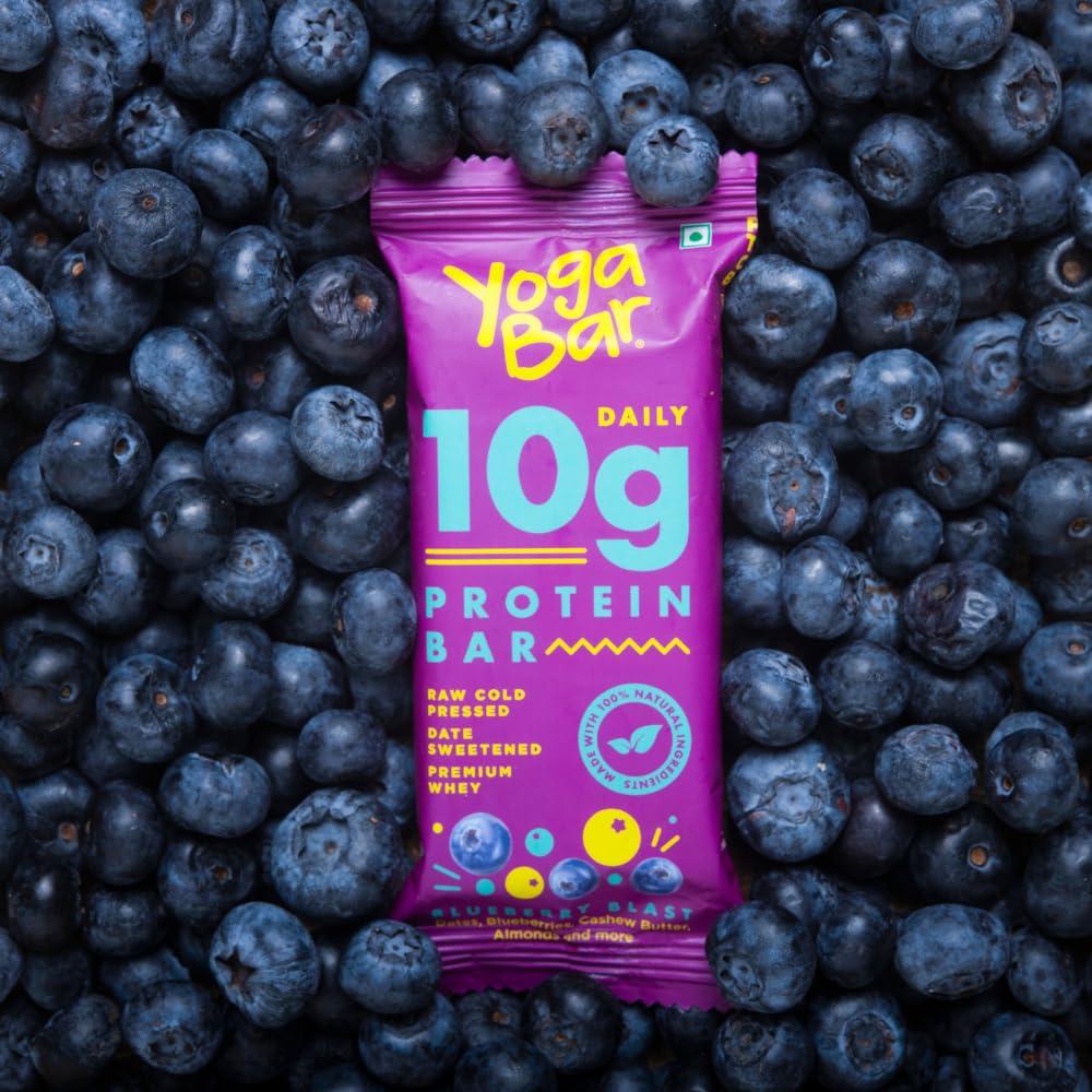 Yogabar Yogabar 10 grams Protein Bar, Protein Blend & Premium Whey,100% Veg High Protein Snacks, Rich Protein Bar with Date, Vitamins, Fiber, Energy & Immunity for Fitness, Blueberry