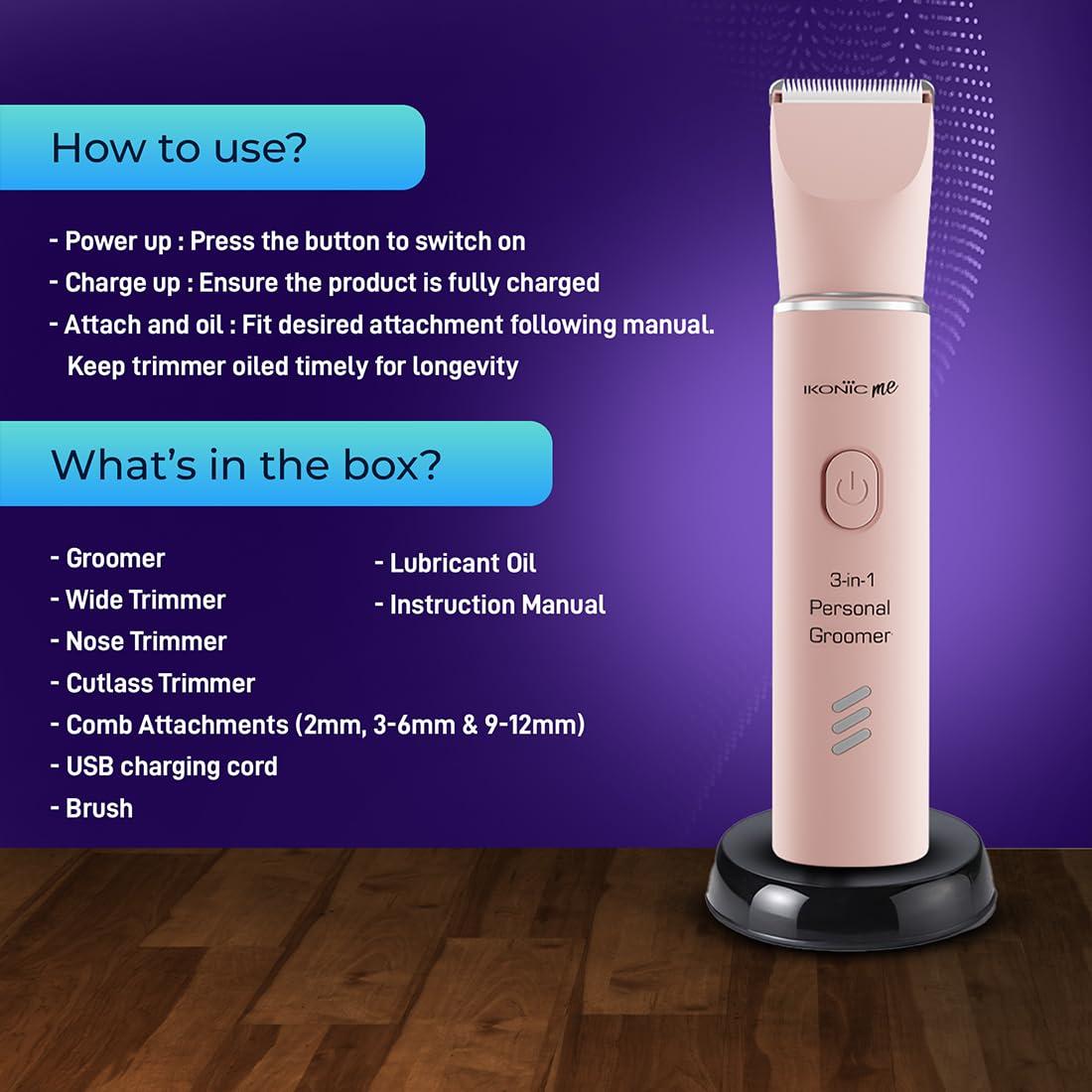 IKONIC Ikonic Unisex 3-in-1 Personal Body Groomer with Stainless Steel Blades, Fully Charges in 5 hours with 90 Mins Runtime. 500Mah Battrey, LED Light Indicator, Waterproof, Unisex Hair Trimmer for Sensitive Areas, Nose & Ear, Coral