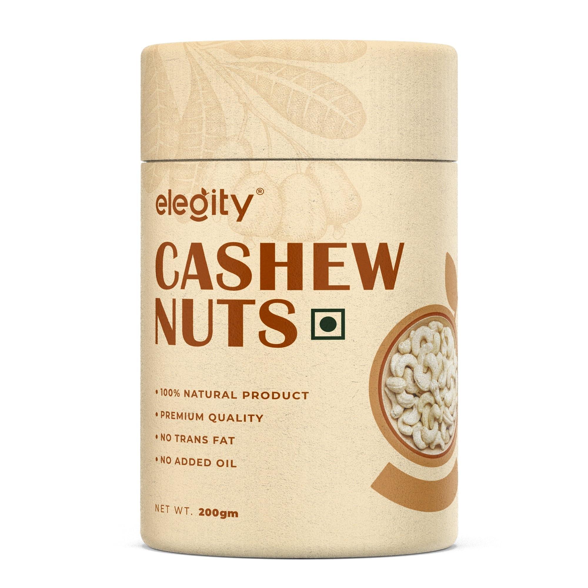 ELEGITY Elegity 100% Natural W210 Plain Cashew Papertube 200 gm | Whole Kaju - Nutritious, Delicious & Crunchy | No Added Preservatives in Dry Fruit | Source of Fibre, Rich in Protein