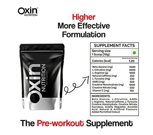 Oxin Nutrition Oxin Nutrition Pre Workout 3X Caffeinated Punch with Vitamin C - Preworkout Drink - Zero Sugar - Pre Workout Natural - Preworkout Supplements Powder 250g (Tropical Orange)