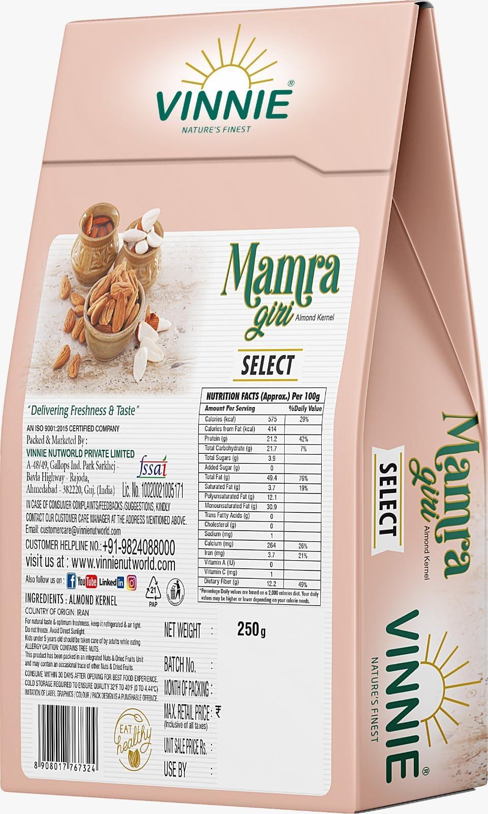 Vinnie Vinnie Premium Mamra Almond 1kg - Natural Fresh Badam Giri Dry Fruits - High Protein & Vitamin E, Rich in Oil, More Nutritious, Gluten Free, 250g x 4 Pack