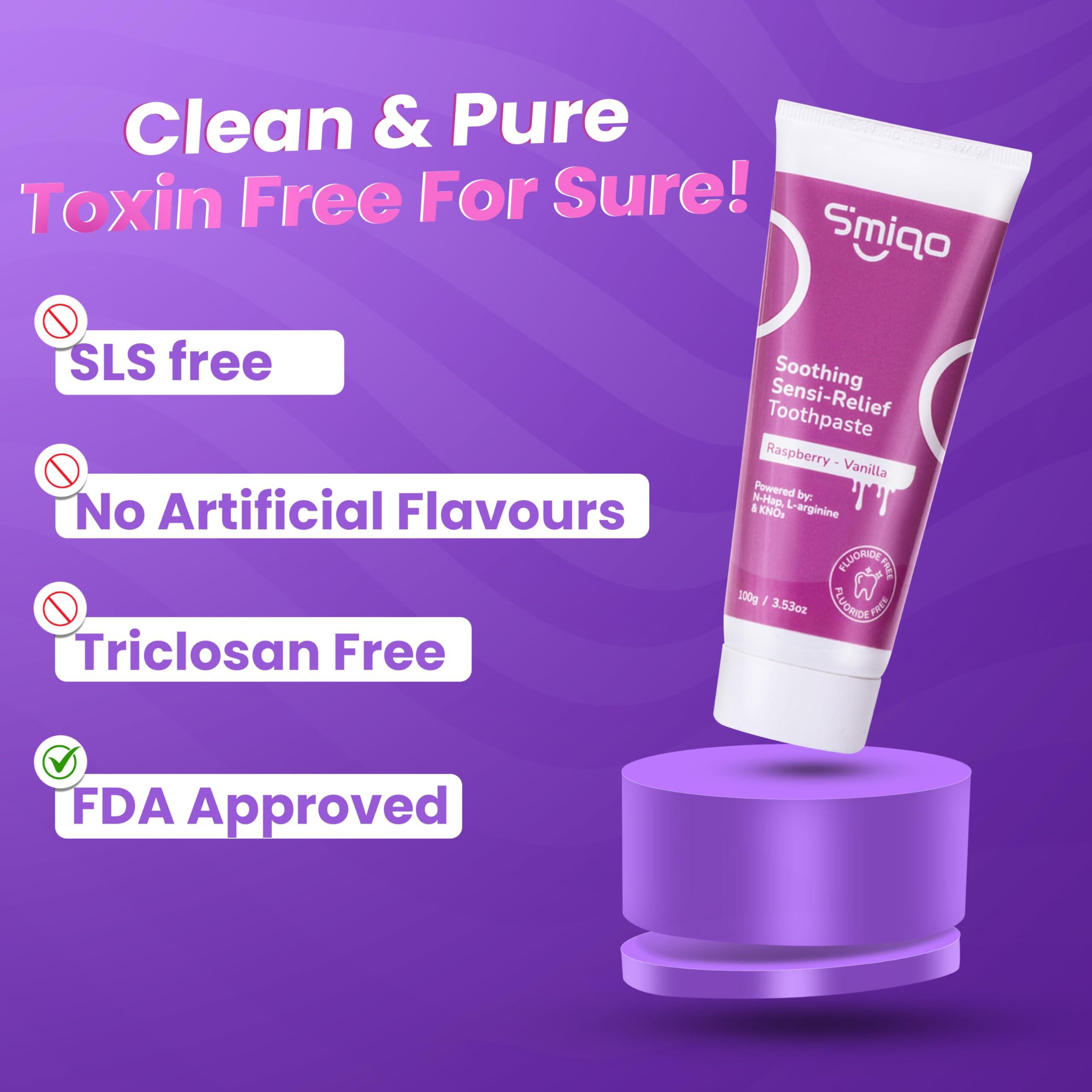 Smiqo Smiqo Sensi Relief Toothpaste - 100g | Instant Sensitivity Relief | Raspberry-Vanilla Delight | Advanced Formula with N-Hap, L-Arginine, and Potassium Nitrate | Fights Plaque & Cavities | Freshens Breath | SLS-Free | No Harsh Chemicals