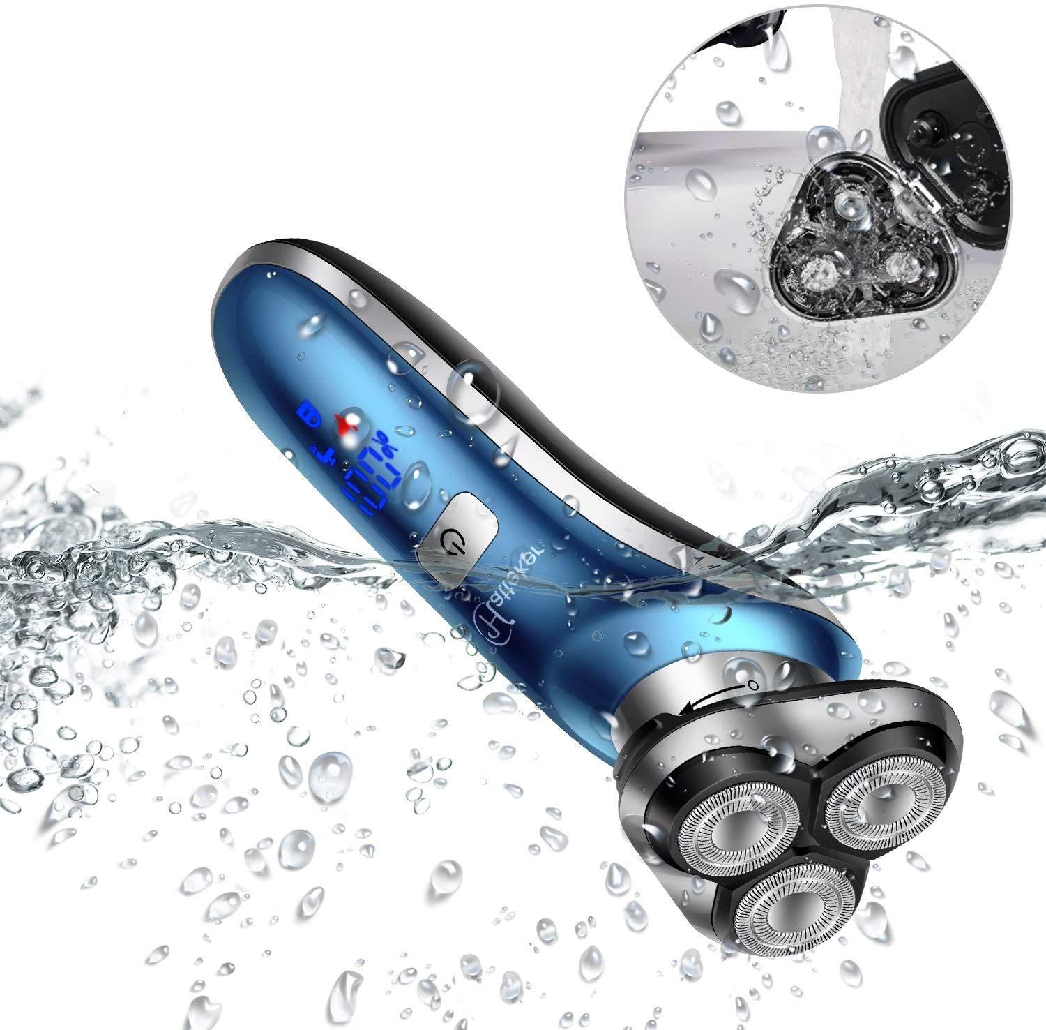 Hatteker Hatteker 4 in 1 Electric Cordless Wet Dry Face Brush Rotary Shaver, Trimmer for Men for Beard, Nose, Hair (Blue)