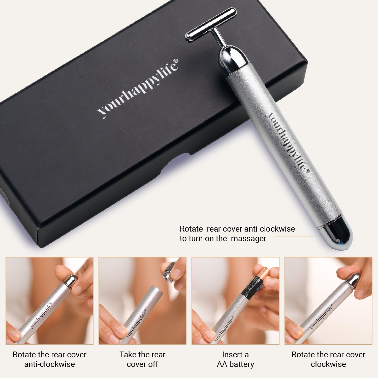 yourhappylife YourHappyLife Sculpt Face Roller T-Shaped electric (Battery Operated) Dermateq Silver Coated | Anti Wrinkle Massager for Forehead, Eye, Neck & Collar Bone (Silver Colour) | Skin Elasticity, De-Puff.