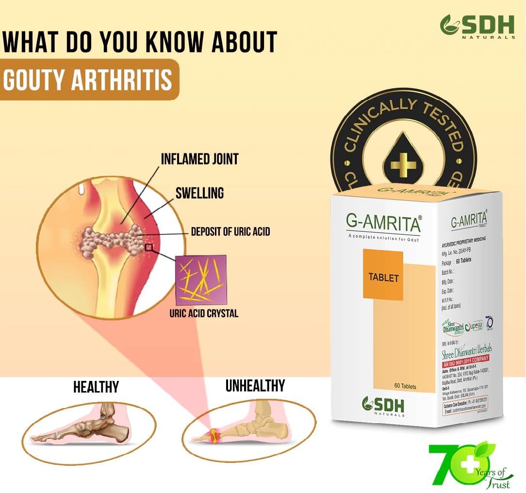 Shree Dhanwantri Herbals SDH Natural\'s G Amrita Tablets - Helps in Gout, Joint Pain Relief by Healthy Uric Acid Level, Helps Reduce Swelling and Pain, Natural Supplement for Joint care, Ayurvedic (Pack of 4) (240 Tablets)