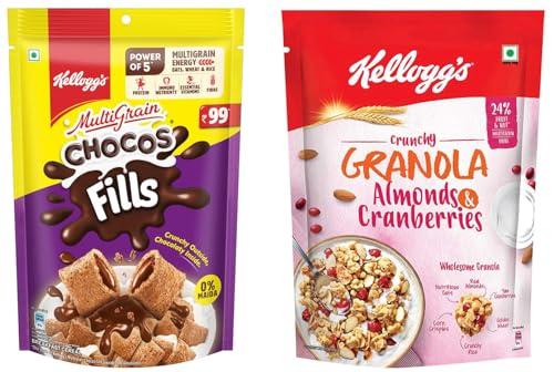 Kellogg\'s Kellogg\'s Crunchy Granola Almonds & Cranberries 140g 24% Multigrain Breakfast Cereal + Kellogg\'s Chocos Fills Double Chocolaty, 3 Grains: Oats, Wheat & Rice, Protein & Vitamin Rich, 0% Maida