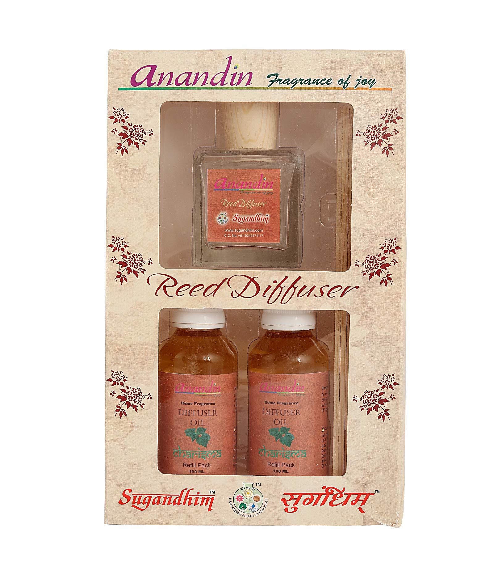 Sugandhim Sugandhim Anandin Reed Diffuser Set Charisma, 2 x 100ml Diffuser Oil & 10 Reed Sticks, Non Alcoholic, Ideal Gifting Set, Easy to Use, Chemical Free,Woody, Musky, Wet Grass, Eco Friendly,