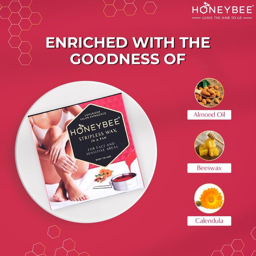 HoneyBee HoneyBee Stripless Katori Wax For Face|Pan Wax With Handle For Face, Upper Lip, Chin, Jaw, Underarms, Bikini And Brazilian|For All Skin Type|No-Strip Wax At Home|Post Wax Wipes|Spatula|120 Gm, Women