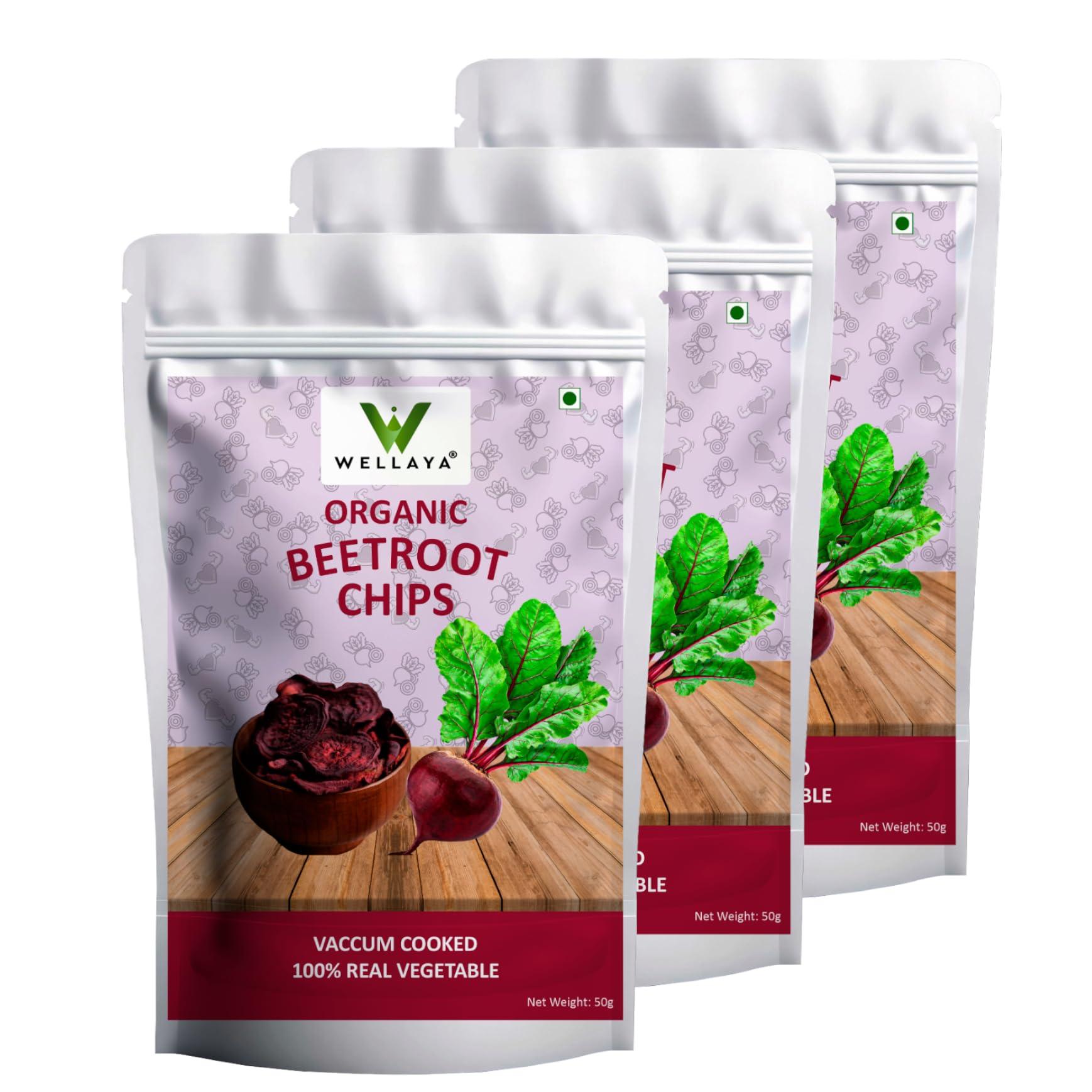WELLAYA Wellaya Beetroot Chips | 150g | Vacuum Cooked |Gluten Free | Vegan Friendly Snack | No Artificial Flavour | Real Vegetable Chips | Crispy & Healthy (Pack of 3x50g)