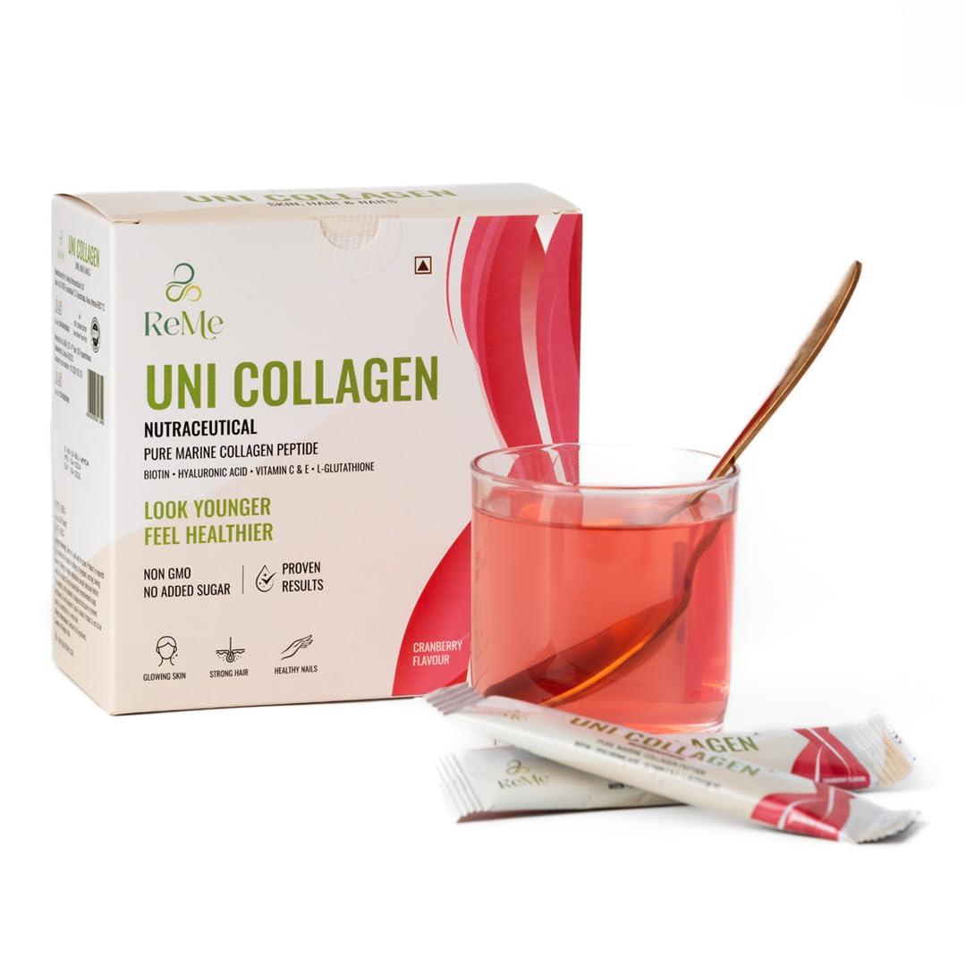 REME ReMe Uni Collagen - Pure Premium Marine Collagen Peptide With Antioxidants - Pack of 30 Stick Packs. Color:White.
