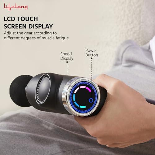 Lifelong Lifelong Gun Massager for Pain Relief with 8 Massage Heads & LCD Touch Display - Battery Powered - Deep Tissue Massage with 6 Speed Settings for Percussion Massage for Full Body (LLGM171, Black)