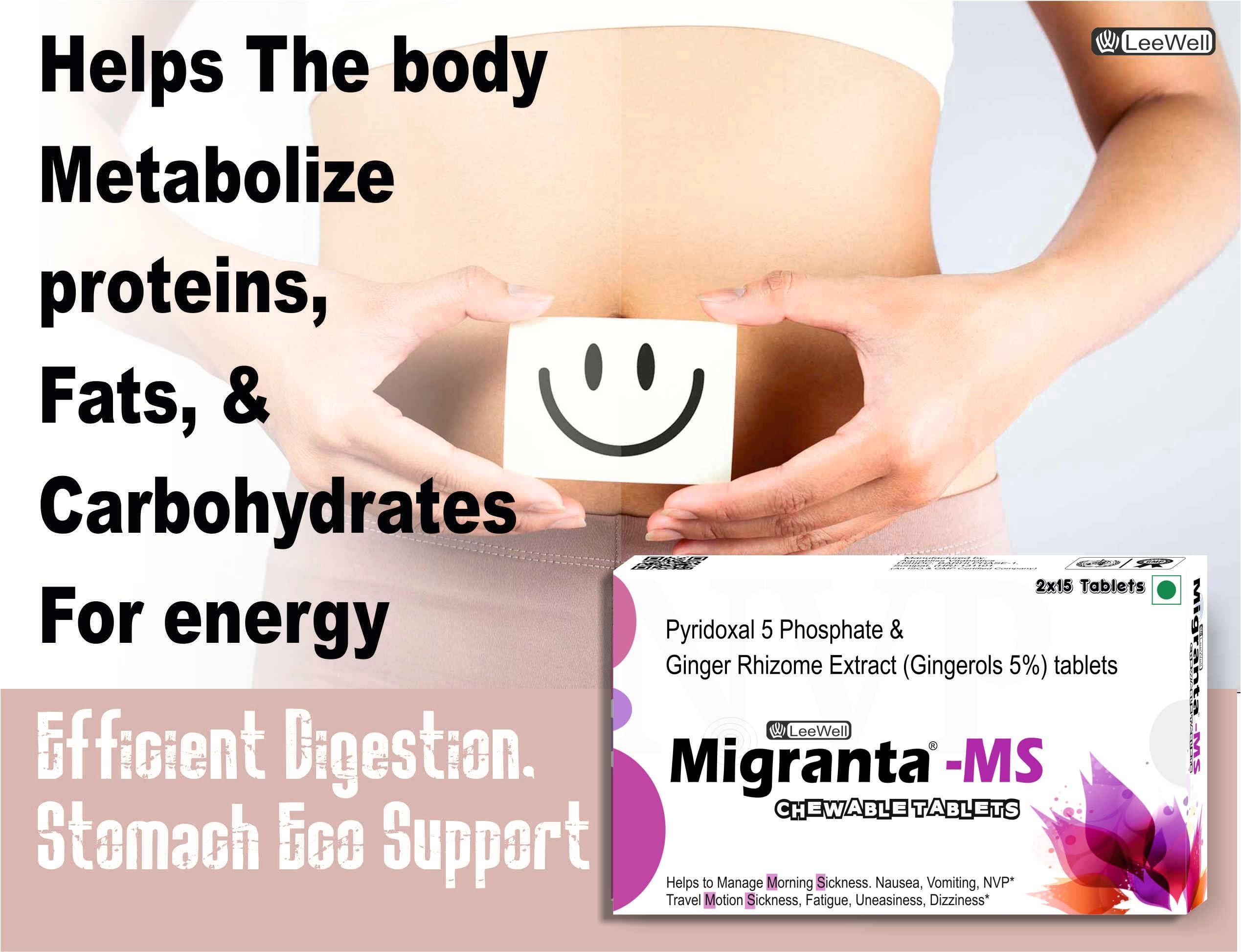 MIGRANTA Migranta -Ms Chewable Ginger Candy for Mild Acid Reflux, Nausea Vomiting Relief | Ginger with vitamin B6 (pyridoxine) | Accelerates Gastric Emptying, Gastrointestinal Motility | Morning Sickness & Nvp support - 60 tablets Sugarfree