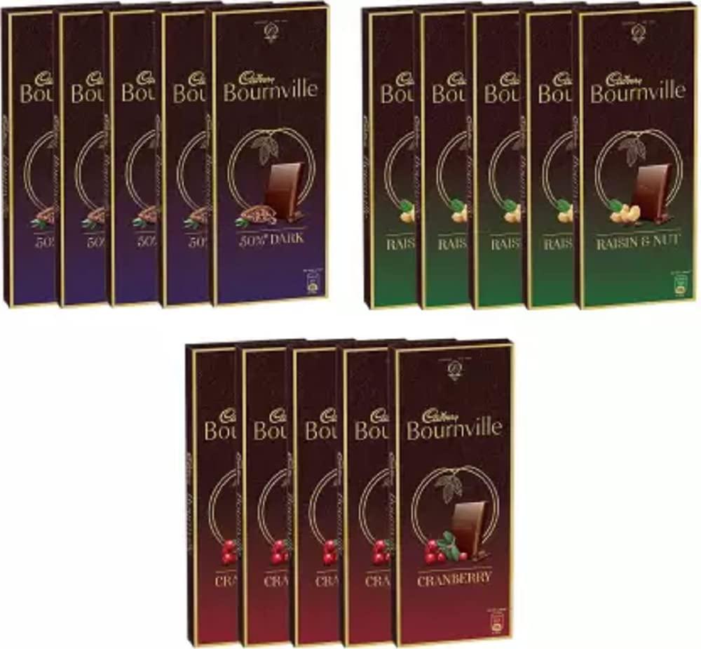 Cadbury Cadbury Bournville Dark Chocolate, Pack of 15 ( Rich Cocoa 80g X 5 + Raisin & Nut 80g X 5 + Cranberry 80g X 5) Bars (15 x 80 g) Bars (15 x 80 g)