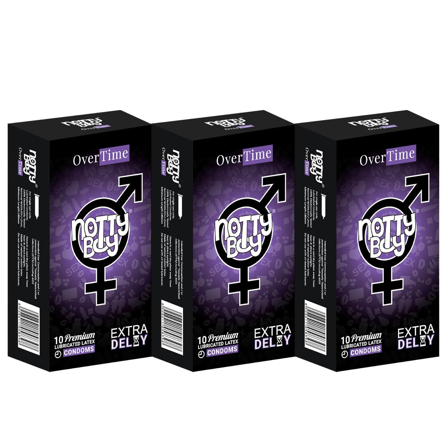 NOTTY BOY NOTTY BOY Overtime Extra Delay Condoms For Men -Pack Of 3, 30 Pieces | Longer Duration, Long Lasting | Performance Enhancing and Standard Fit, Natural Rubber Latex