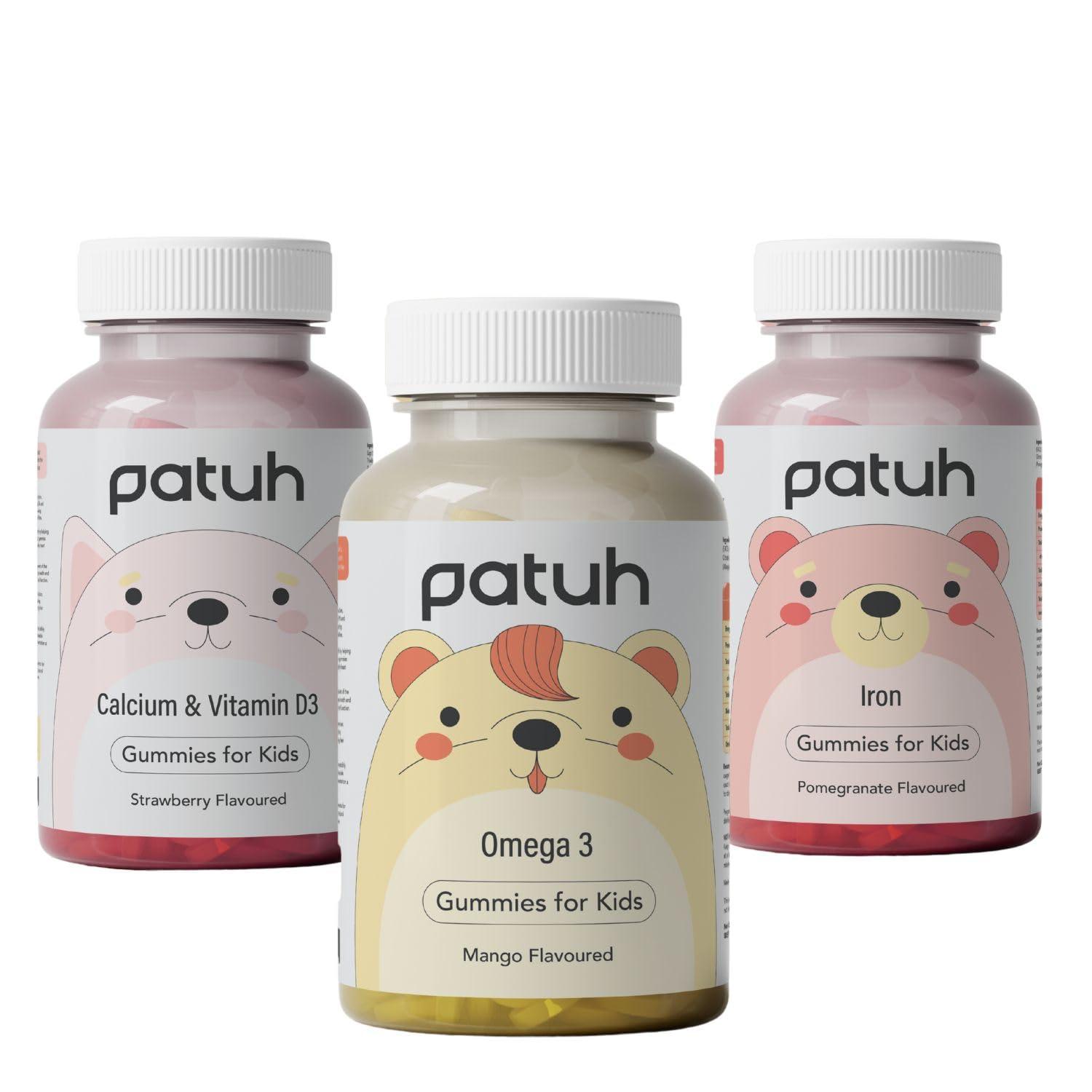 PATUH HEALTHCARE Patuh Healthcare Combo Calcium and Vitamin D3, Iron, Omega 3 Gummies for kids (4 years+) | 30 Day Pack | 100% Vegetarian, Natural Strawberry flavour,Pomegranate flavour,Mango flavour