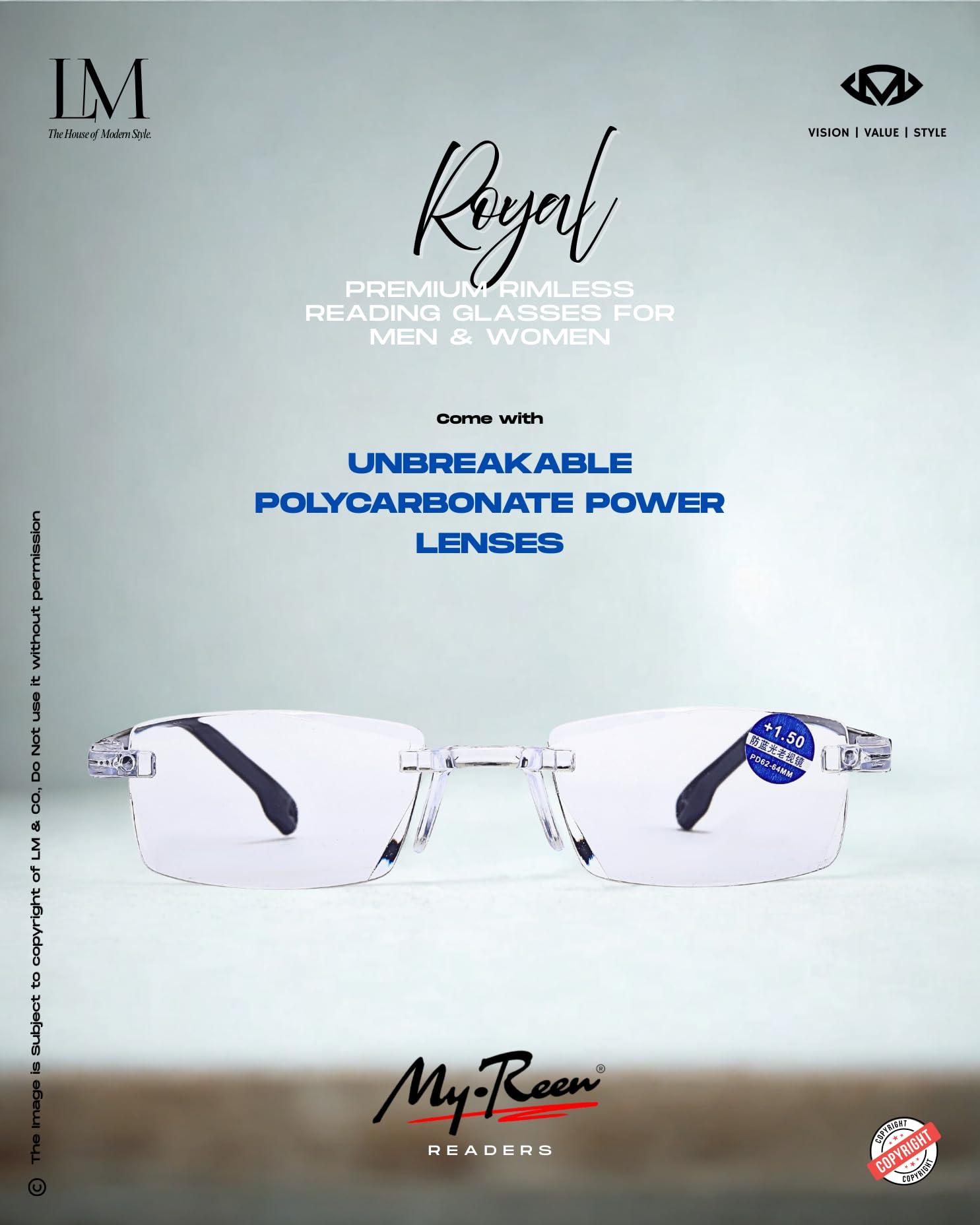 myreen myreen Blue Cut Rimless Reading Glasses for Men Women +1 +1.5 +2.0 +2.5 +3.0 Power Glass For Reading Books and Newspaper, Watching TV and Mobile (2, 3.00)