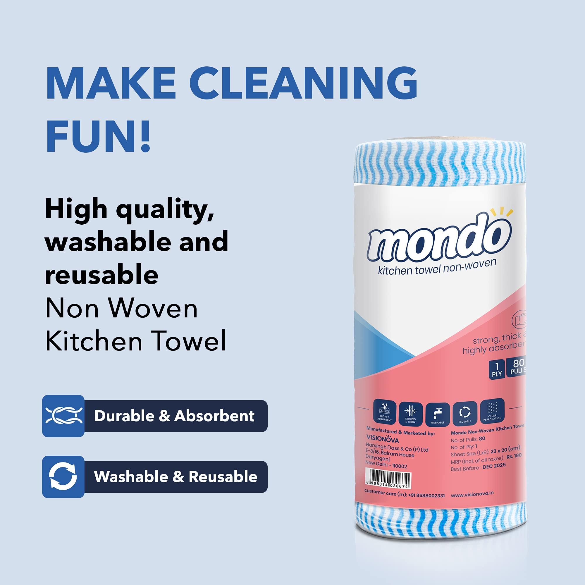 MONDO Mondo Kitchen Wipes for Cleaning (1 Ply, 80 Pulls) | Pack of 2 Kitchen Rolls | Washable & Reusable Tissue Roll for Kitchen | Soaks Oil Spills Quickly | Kitchen Cleaning Wipes | Kitchen Roll Reusable