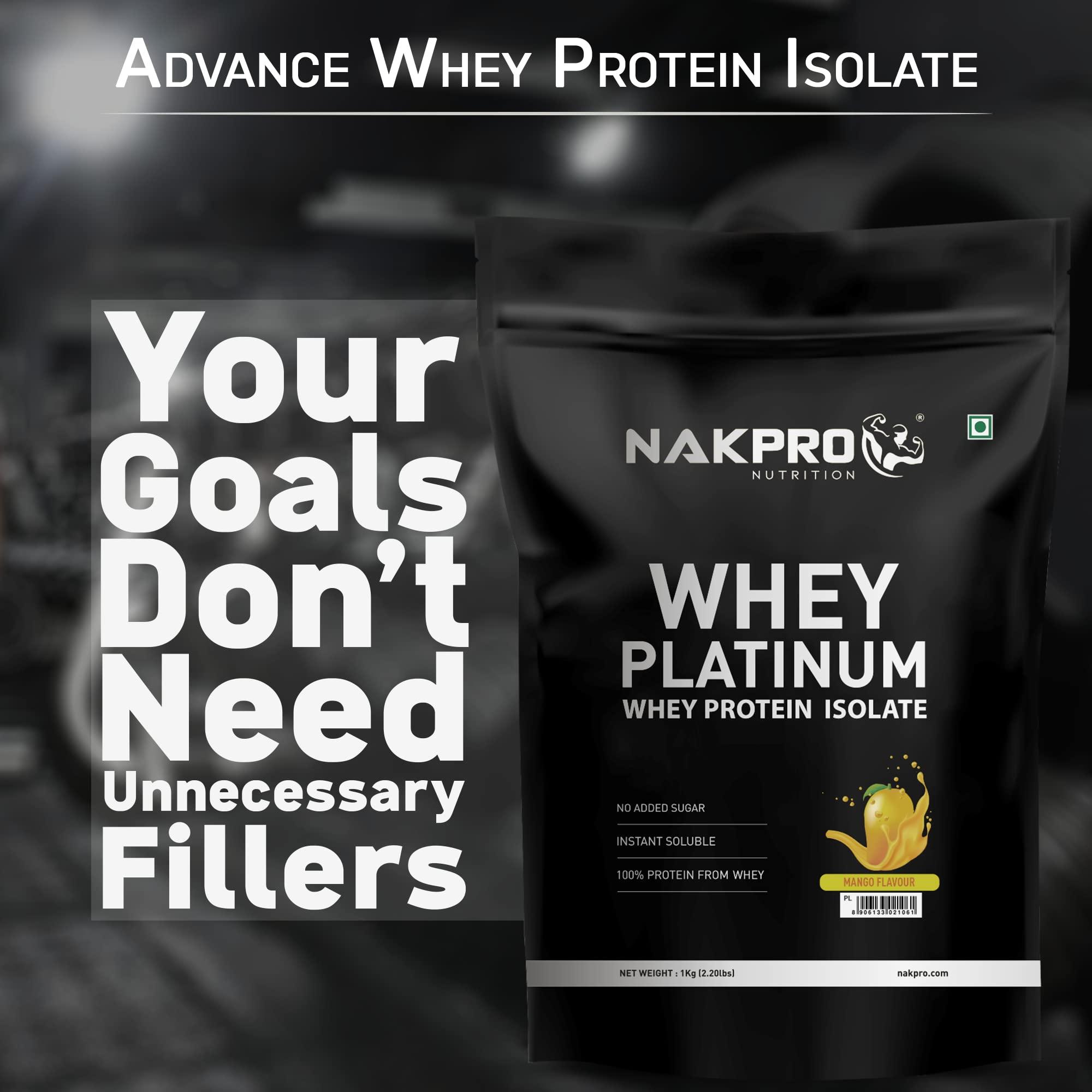 NAKPRO NAKPRO Platinum Whey Protein Isolate 1kg Mango | 28g Protein, 6.4g BCAA | Trustified Certified 100% Authentic Supplement Powder & No Adulteration | Low Carbs, Fast Absorbing Whey Protein Powder