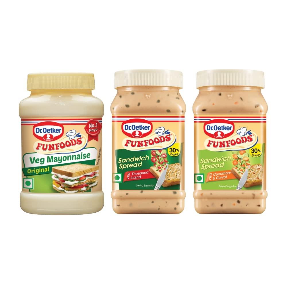 Dr. Oetker Dr. Oetker FunFoods Mayonnaise and Sandwich Spread Combo - Veg Mayo Original 250g, Cucumber & Carrot Sandwich Spread 250g and Thousand Island Sandwich Spread 250g