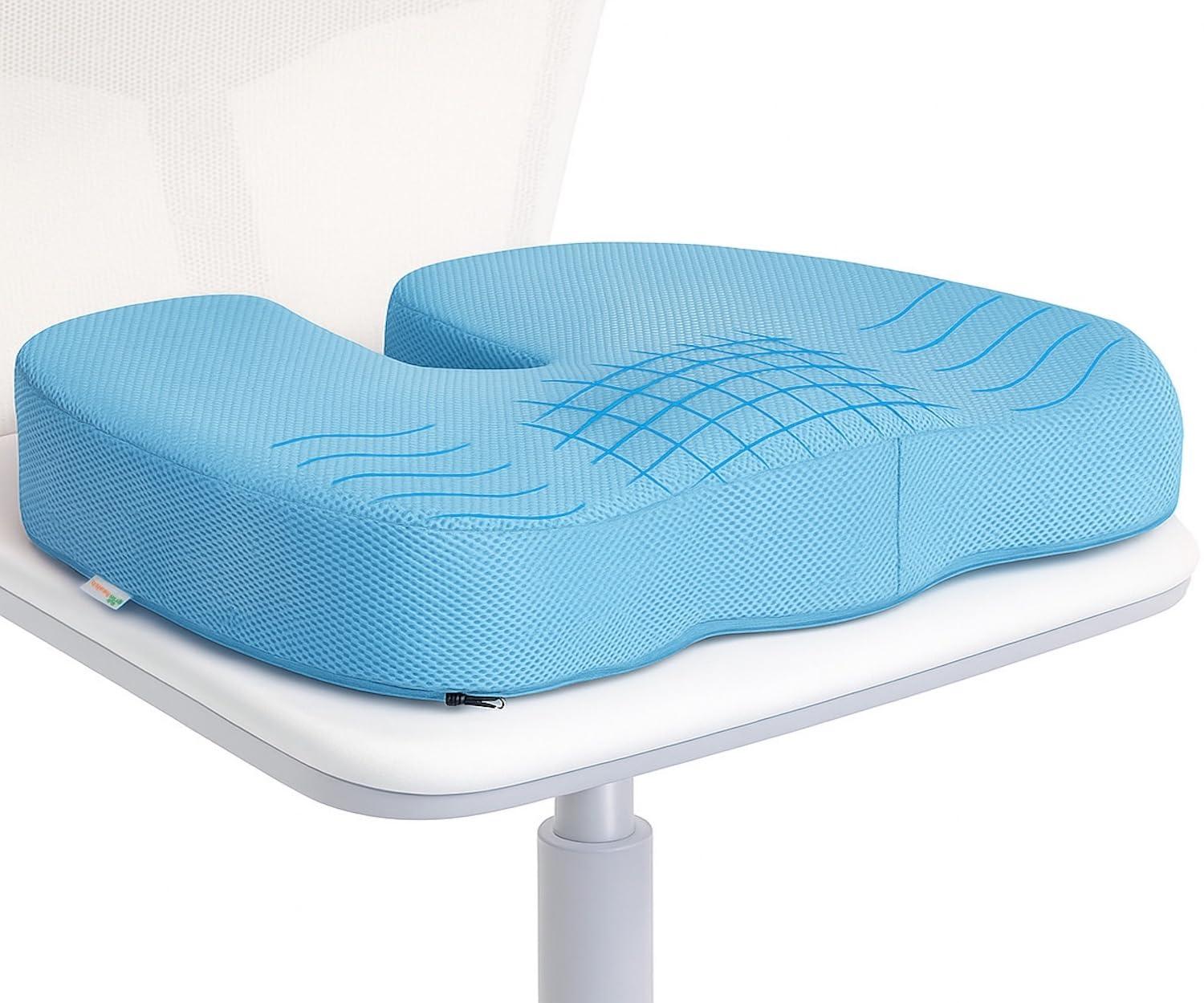 Grin Health Grin Health High Density Coccyx Seat Cushion for Tailbone, Sciatica, Hip Lower Back Pain Relief, Orthopedic Memory Foam Chair Cushions for Long Sitting for Office/Home Chair (Light Blue)