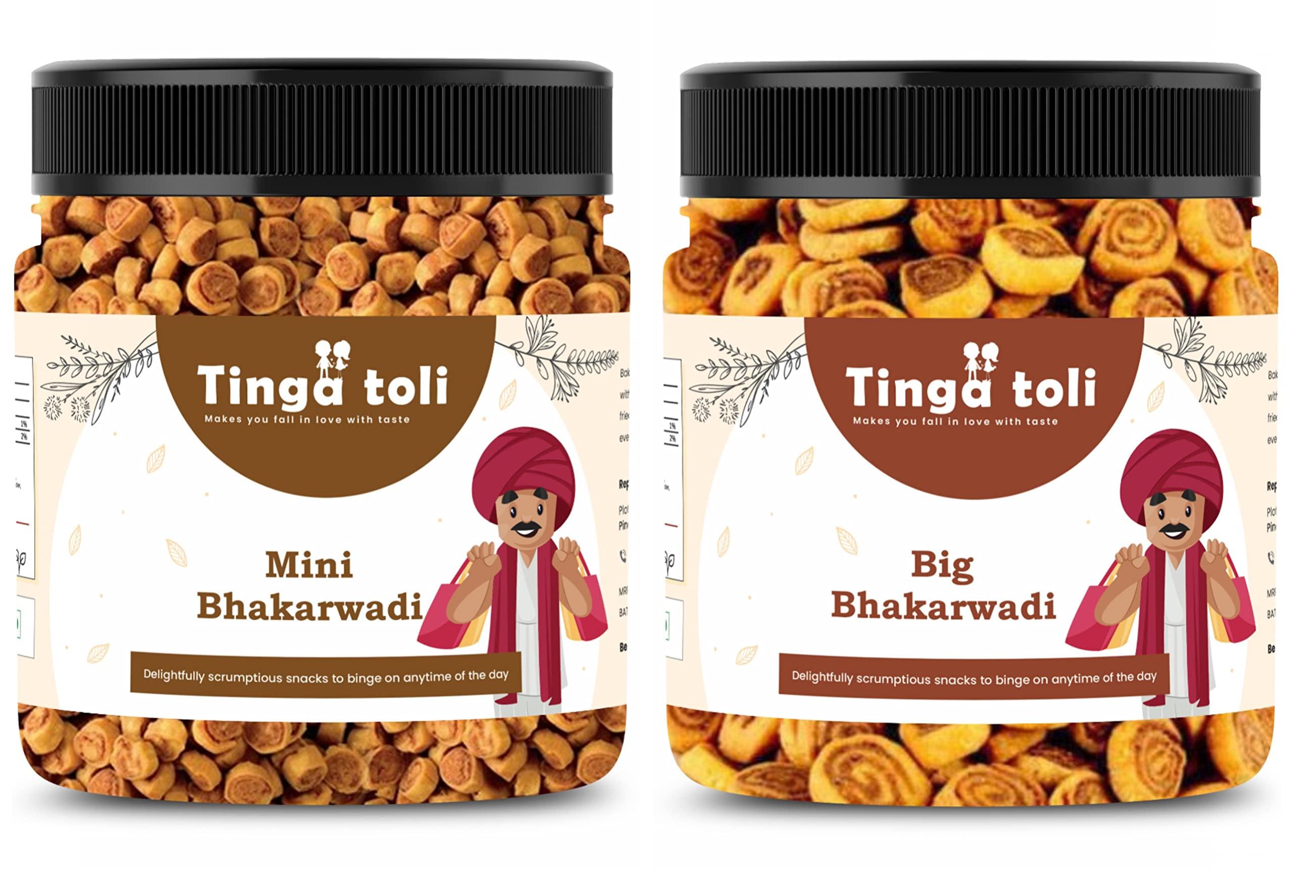 Tinga toli TINGA TOLI Combo of Special Mini Bhakarwadi 250gm & Big Bhakarwadi 200gm|Total 450gm |Jar Pack|Snacks Crunchy, Light and Flavourful|Indian Namkeen|Traditional Style Bhakarwadi Gujrati Mini Bhakarwadi