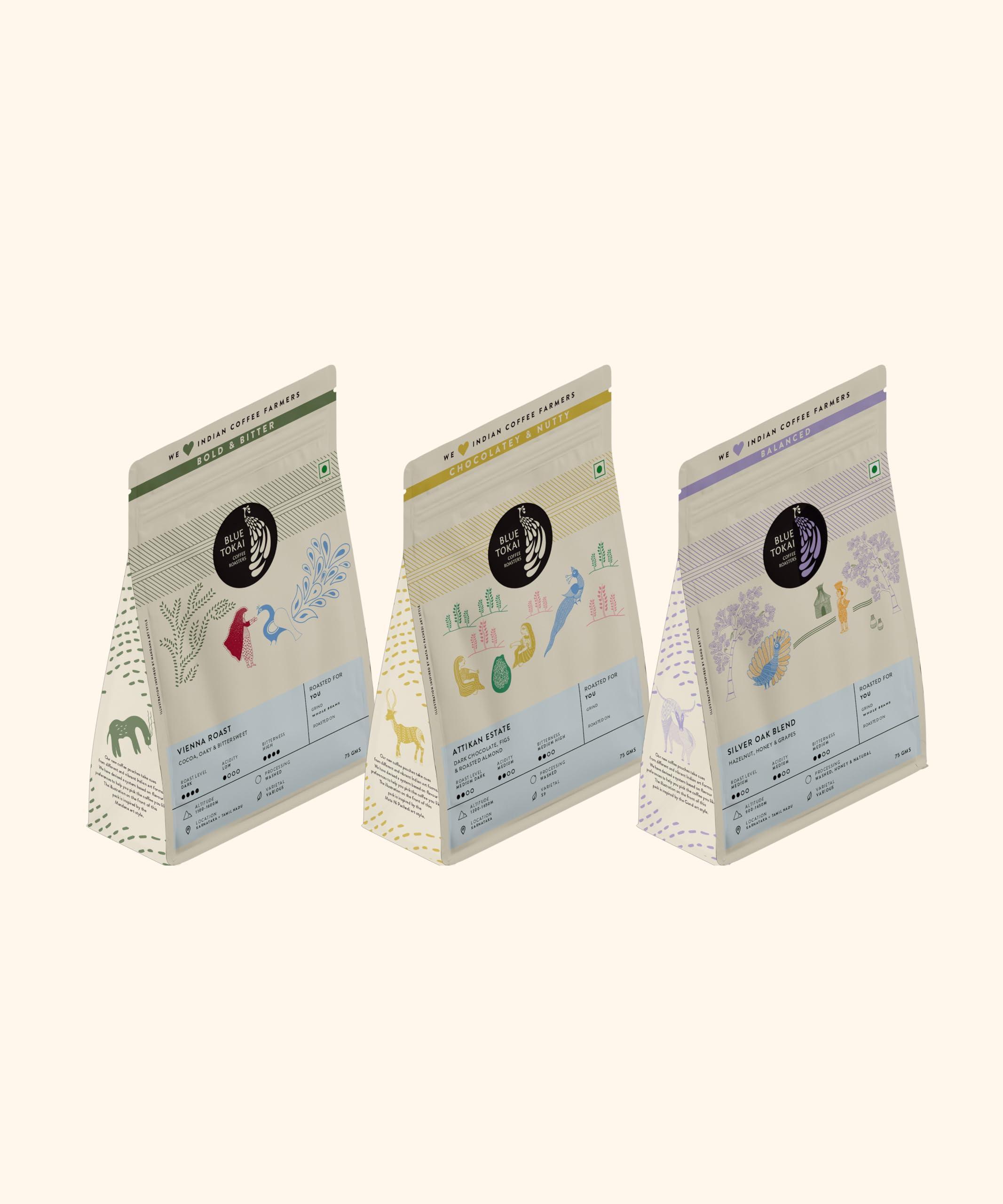 Blue Tokai Coffee Roasters Blue Tokai Coffee Roasters Assorted Sampler Pack Vienna Dark Roast, Attikan Medium Dark Roast And Silver Oak Medium Roasted | 100% Arabica Ground Coffee (75Gm Each, Pack Of 3), Packet