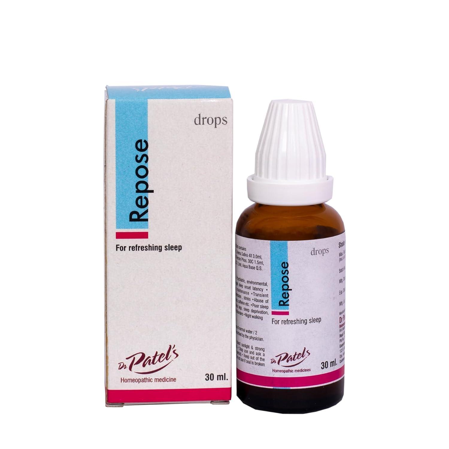 DR PATELS HOMEOPATHIC MEDICINES Dr Patel\'s Homeopathic Repose Drops for Refreshing Sleep | Drops for Natural and Blissful Sleep | Sleep Supplement 30ml