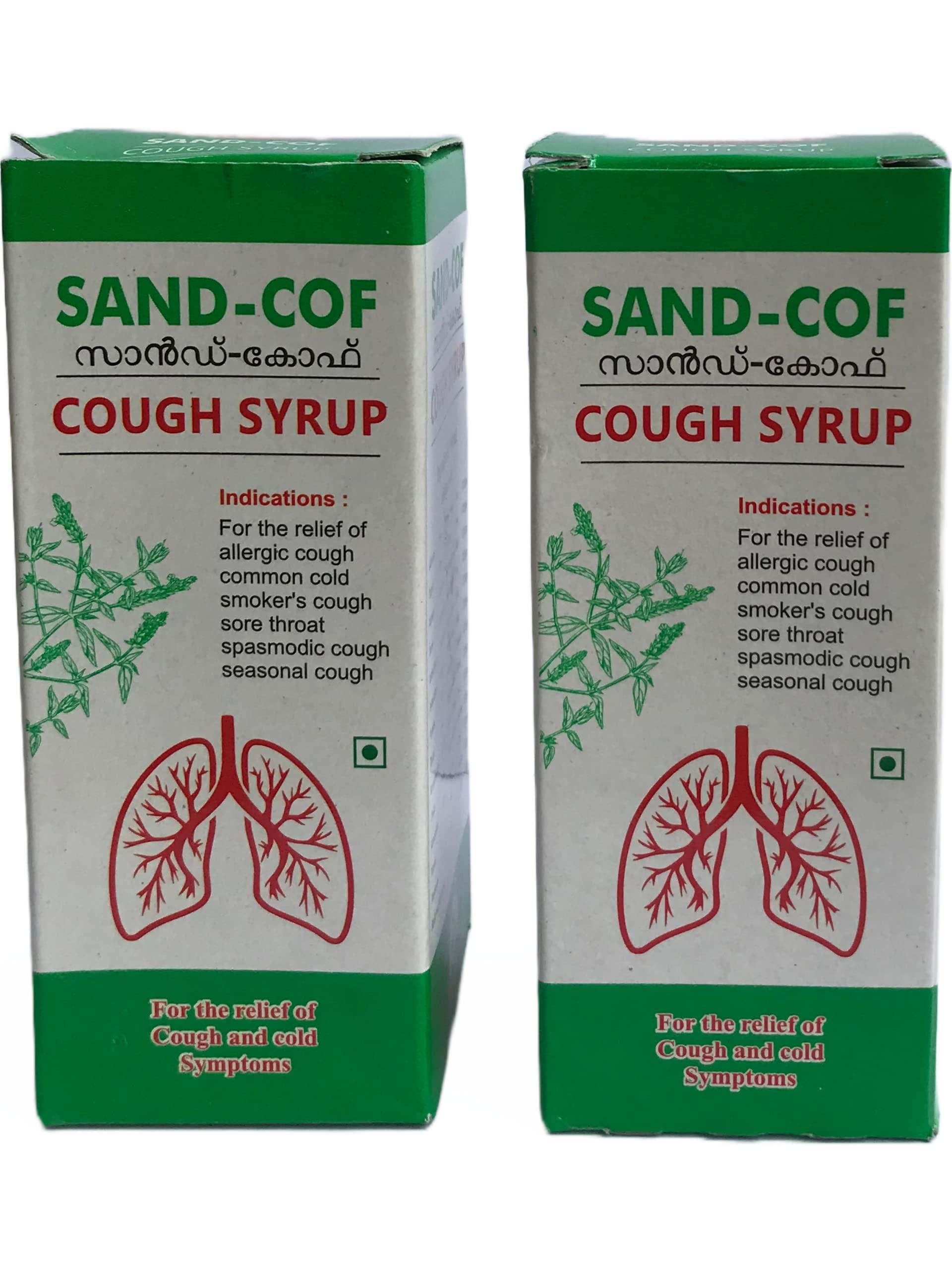 SAND COF Sand Cof Cough Syrup With Goodness of Chukku, Aymodakam, Thippali, Adalodakam, Kurumulaku & Tulsi, Ayurvedic Cough Reliever, (100ml - Pack of 2)