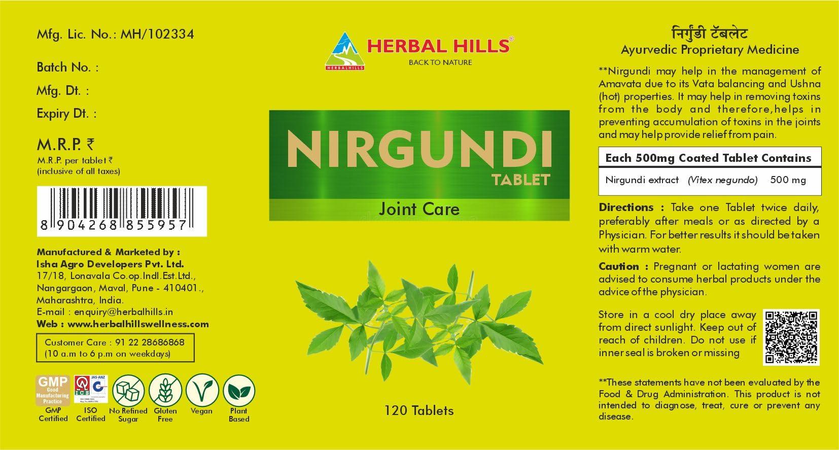 HERBAL HILLS Herbal Hills Nirgundi (Vitex negundo) 120 tablet - 500mg for Joint Care & various health benefits (Pack of 4)