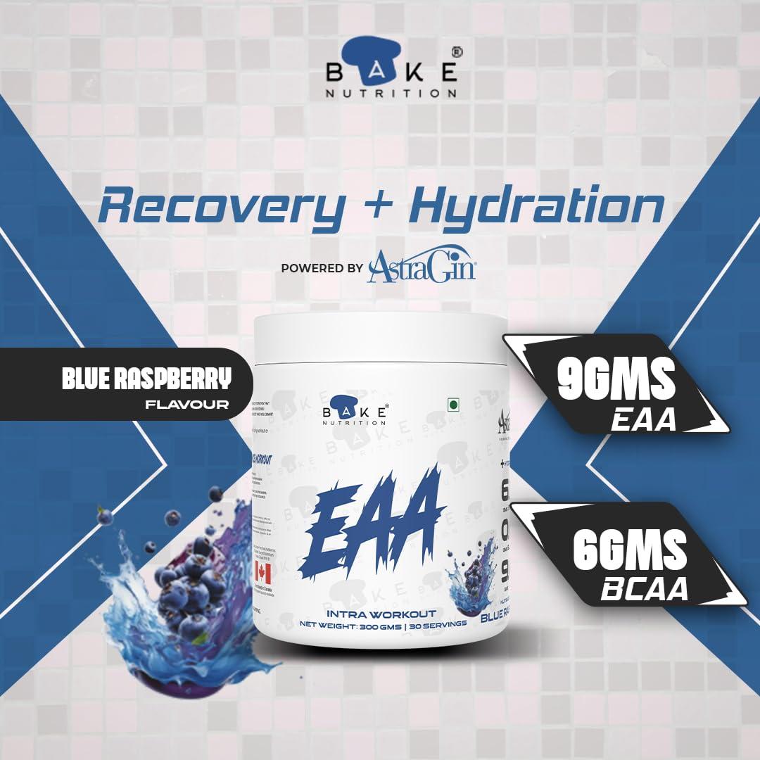 BAKE NUTRITION BAKE NUTRITION EAA Amino Intra Workout with Astragin , BCAA, Essential Amino Acids, Powder Muscle Recovery Drink (Hydration complex or coconut water powder & Himalayan Pink Salt) - Blue Raspberry Flavour |Intra Workout | 30 Servings