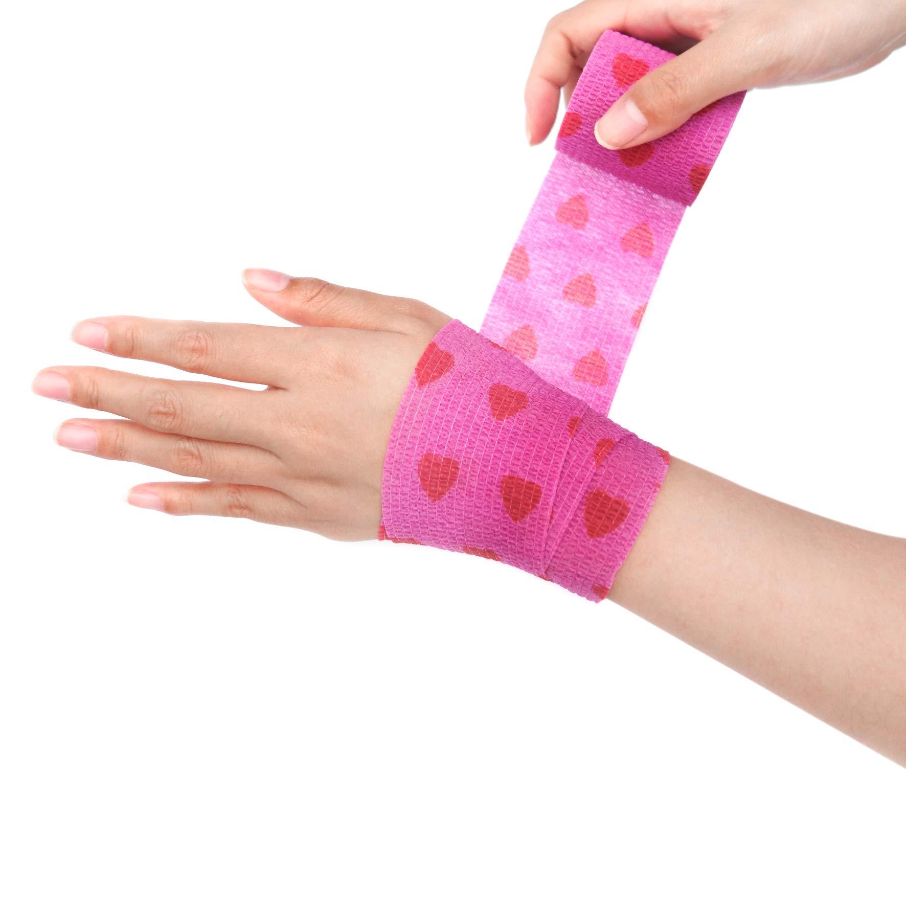 Risen Cohesive Bandage 2 x 5 Yards, 6 Rolls, Self Adherent Wrap Medical Tape, Adhesive Flexible Breathable First Aid Gauze Ideal for Stretch Athletic, Ankle Sprains & Swelling, Sports (Rose Red Heart)