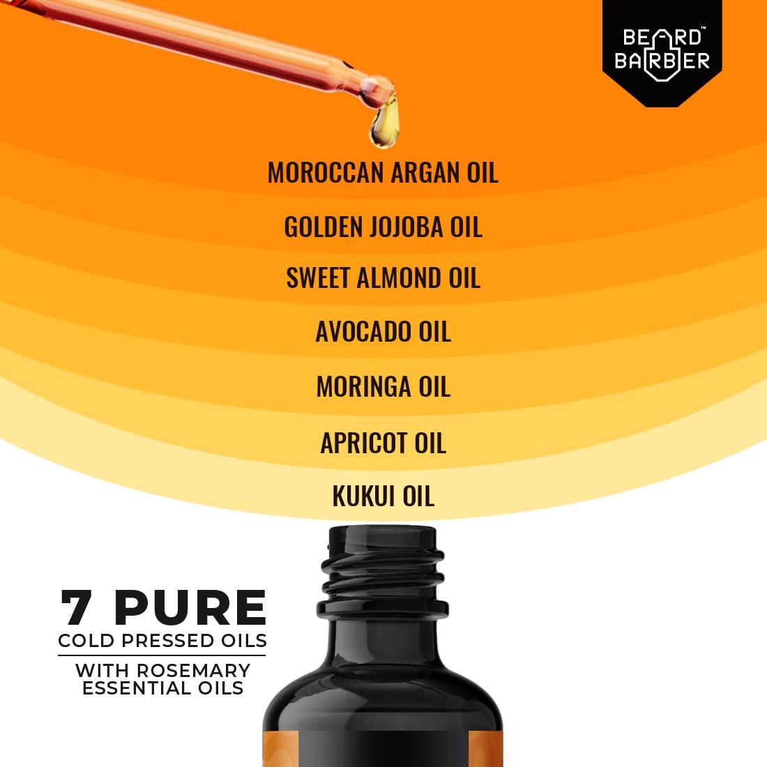 BEARD BARBER Beard Barber | Beard Growth Oil | Thicker & longer Beard with MOROCCAN ARGAN Oil, 100% NATURAL & HERBAL 8 Oils with Vit E, Cure Patchy & Ruff Beard ,Split ends, No Paraben/SFS/LLP/Mineral Oil (UNSCENTED)