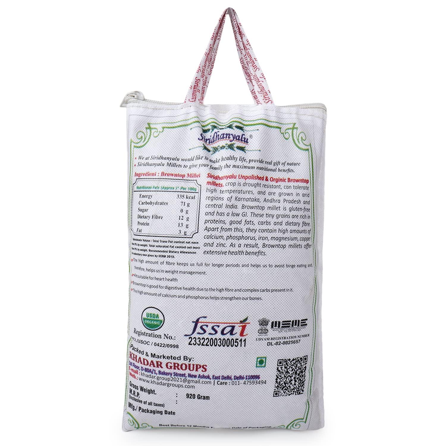 siridhanyalu Siridhanya Unpolished and Organic Browntop Millets 920gm pack, Gross wt 1000gm) Organically Grown from Karnataka