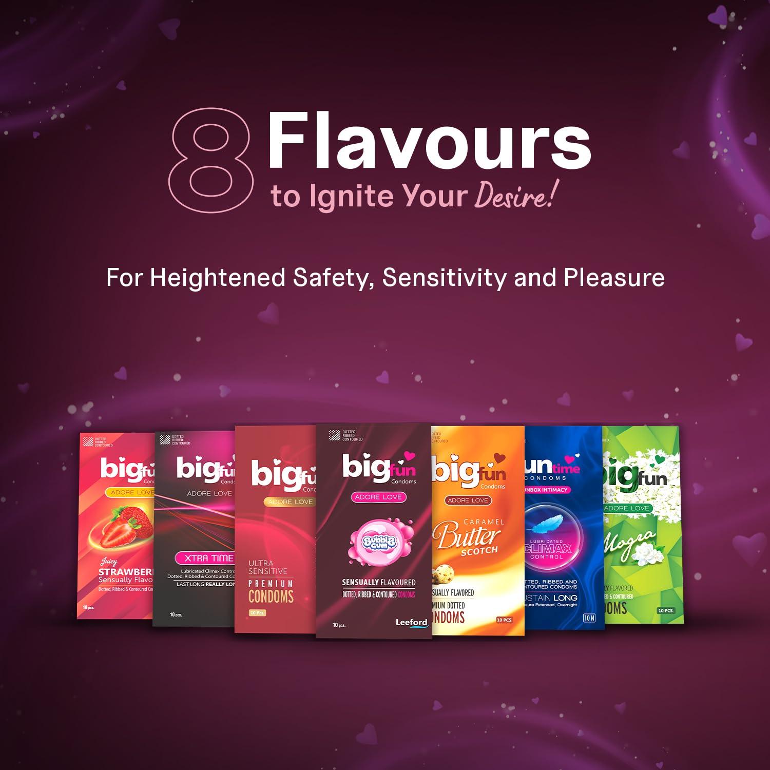 BIGFUN Bigfun Flavoured Condoms Combo Pack of 3 (10Pcs Each Pack) | Dotted, Ribbed & Contoured Long Lasting For Men | Bubblegum Flavour (Total 30pcs)