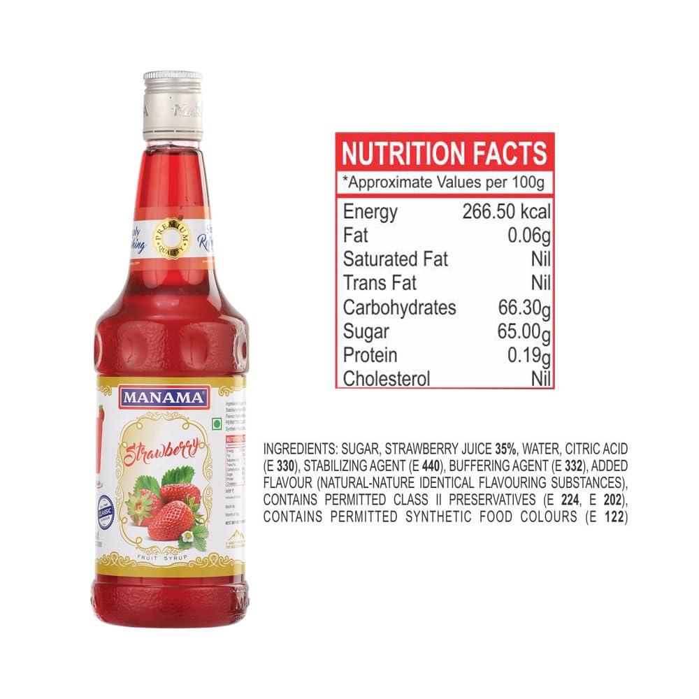 Manama Manama Grenadine Syrup and Strawberry Syrup, 750ML Each, Mixer for Mocktails, Cocktails, Drinks, Juices, Beverages, Pack of 2