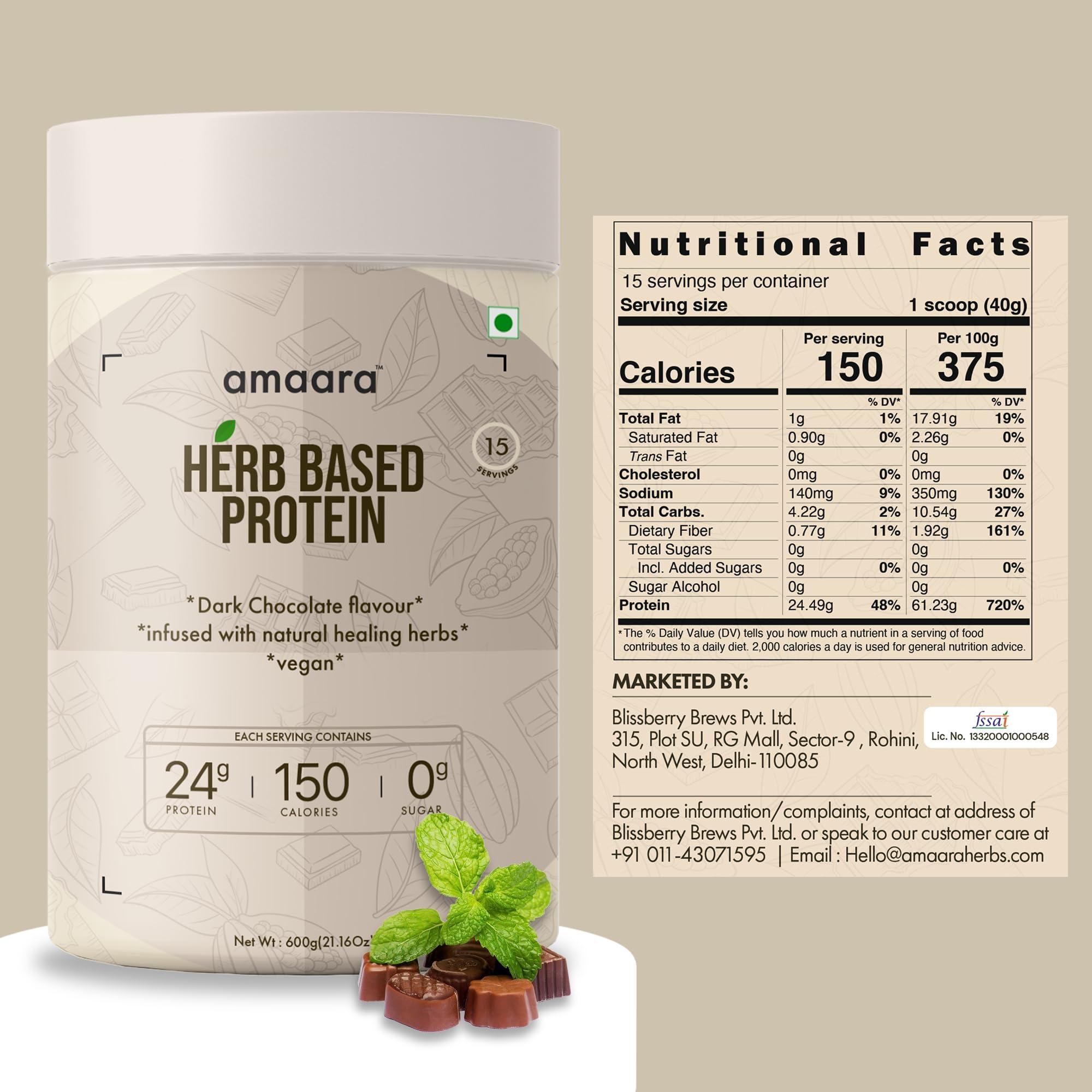 Amaara Herbs Amaara Herbs Plant Protein Powder, Pea Protein Powder with Goodness of Herbs, Plant Based Protein Powder for Men & Women 100% Vegan, Isolate Protein Powder 24g Protein/Serving (Dark Chocolate, 1200g)