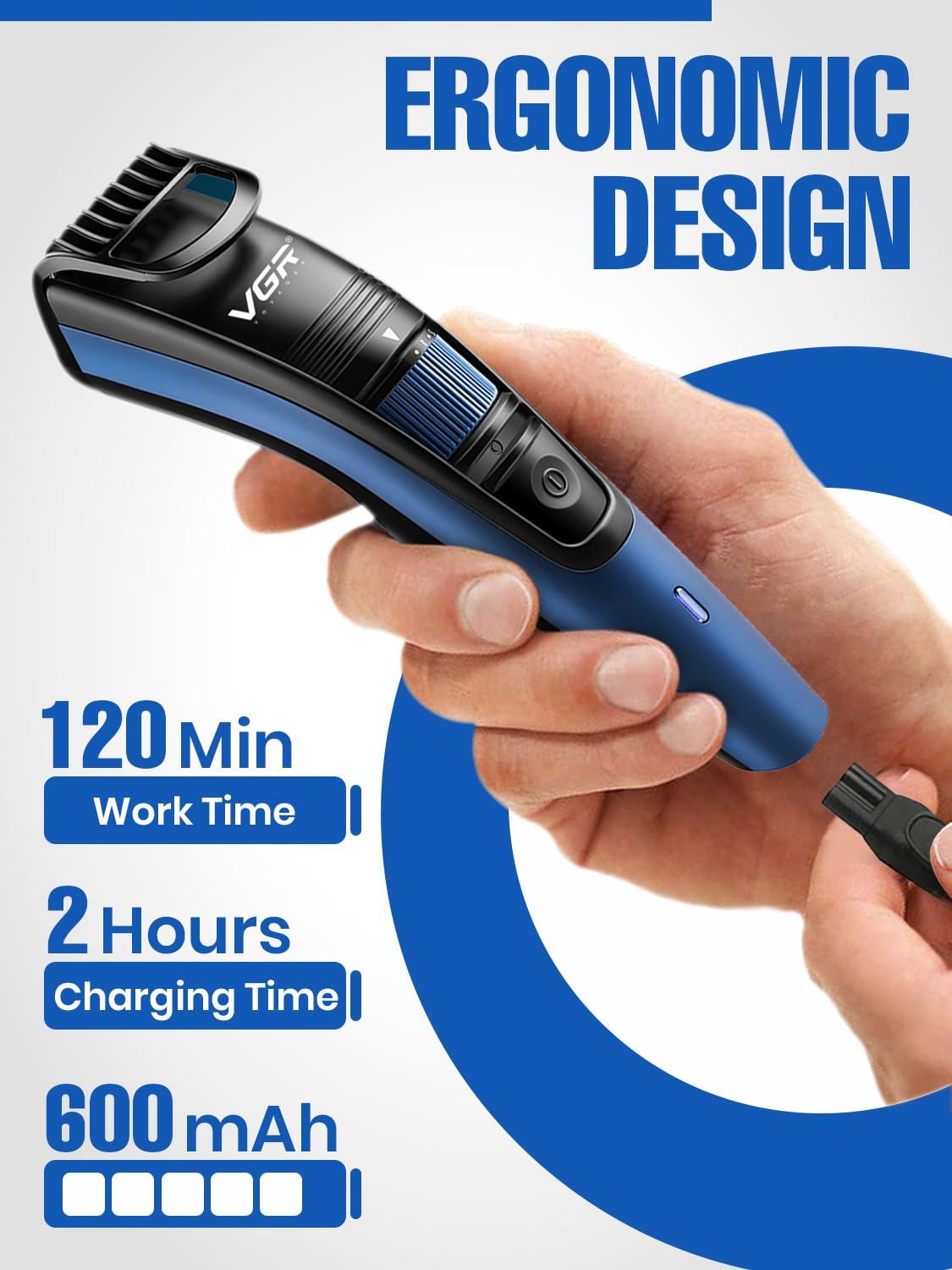 VGR VGR V-052 Professional Hair Trimmer for men  Adjustable Length Settings (0.5-10mm), USB Rechargeable, Cord/Cordless Operation, Washable Head, Includes Guide Comb & Cleaning Accessories (Blue)