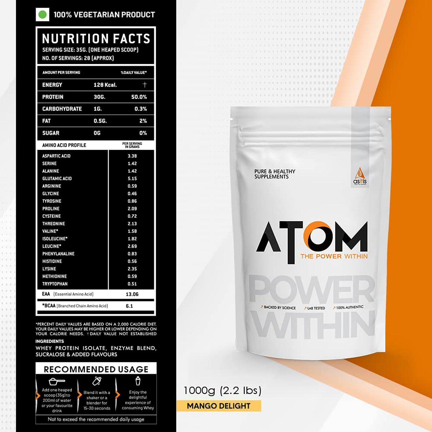 Asitis Nutrition Asitis Nutrition Atom Whey Protein Isolate 1Kg | 30G Protein, 6.1G Bcaa & 13G Eaa | Ultra Pure-Fast Acting Protein |Mango Delight Flavor