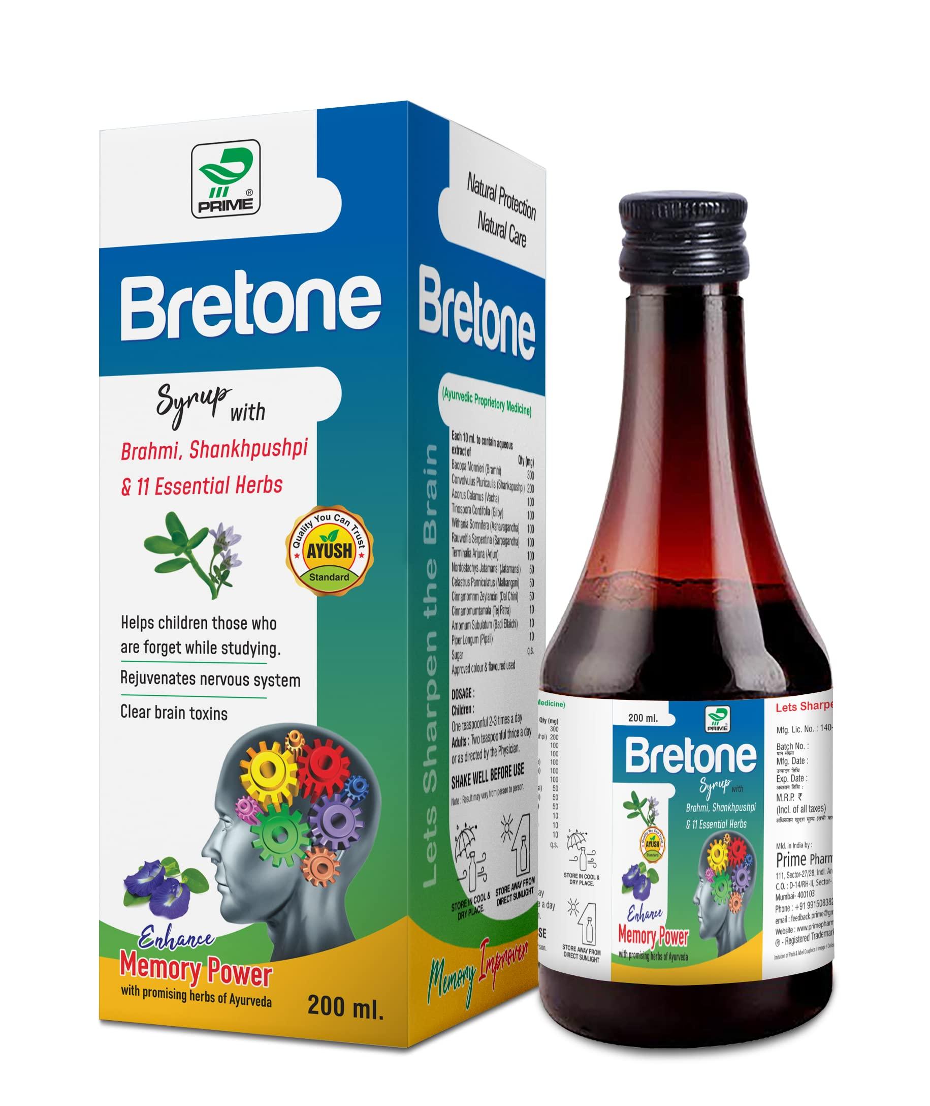 Prime Prime Bretone Shankhpushpi Syrup is loaded with Brahmi, Shankhpushpi and 11 essential herbs. It helps sharpen the memory, keep brain healthy and helps live a stress free life. (200 ml x 2)