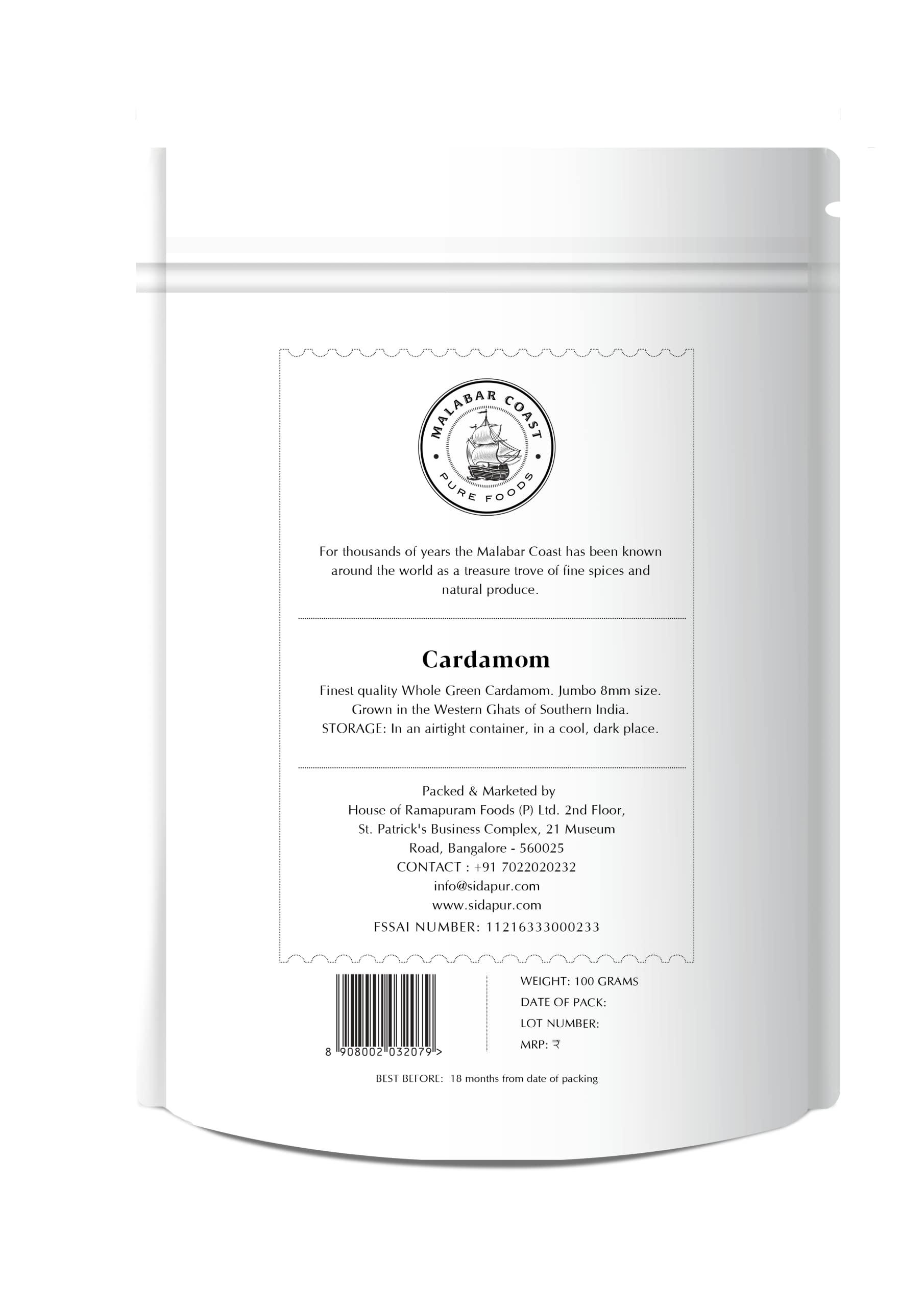 Malabar Coast Malabar Coast - Whole Green Cardamom/Elaichi - Idukki, Kerala - Large Size 8mm+ - No Artificial Colours (100gms)