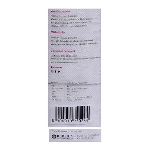 bkT Homemate Premier 3 Ply Quick Absorbent Toilet Paper/Tissue Roll | 300 Pulls, 4 Rolls, Total 1200 Pulls |