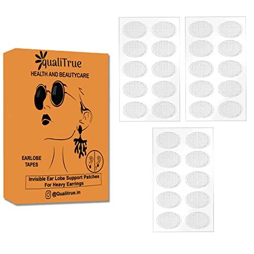 QualiTrue QualiTrue Ear Lobe Tape/Invisible Ear lobe Support Patch For Heavy Earrings, Ear Lifter Transparent Waterproof Medical Sticker Patches for Long Time Wearing Ear Hole Closer (Pack of 30)