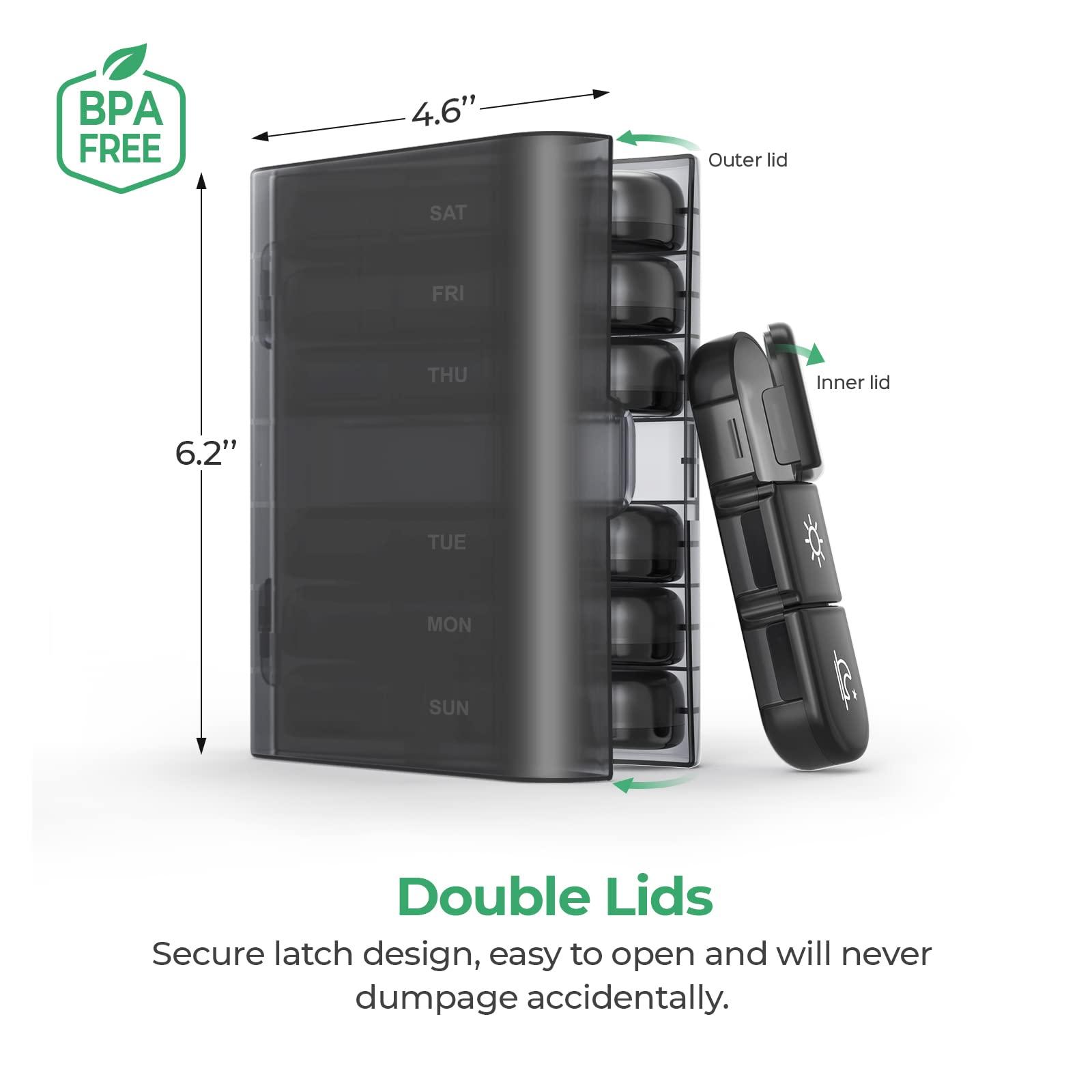 PULIV PULIV Portable 3 Times a Day Pill Organizer, 7 Day with Large Pill Containers, Light-Proof Pill Case for Vitamins, Medication, Supplements and Fish Oils (Black)