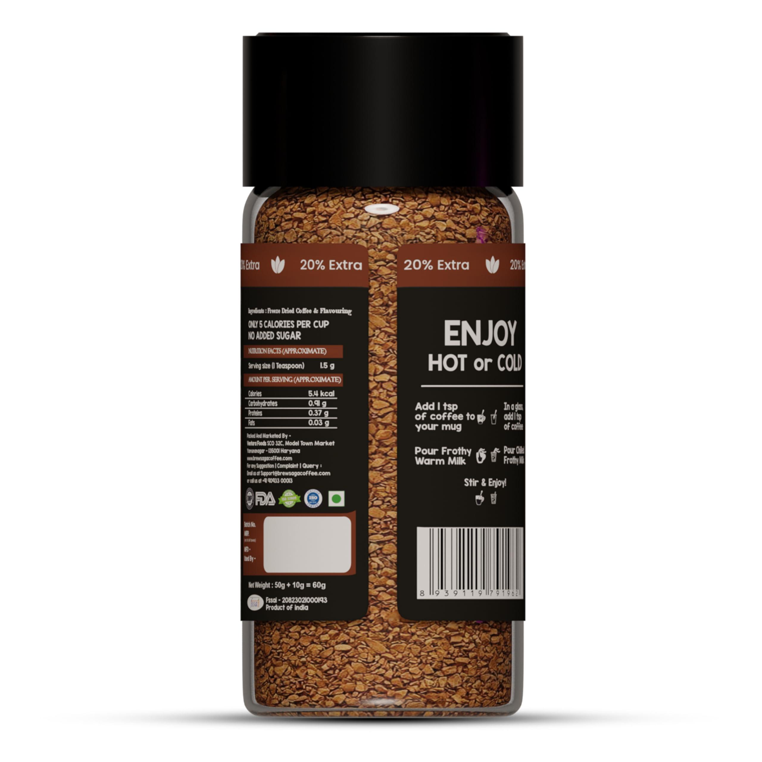 BREW SAGA BREWSAGA Italian Espresso Instant Coffee | 100% Arabica | Freeze-Dried | Flavoured Coffee | No Added Sugar | Makes 30 Cups | 60 Gram