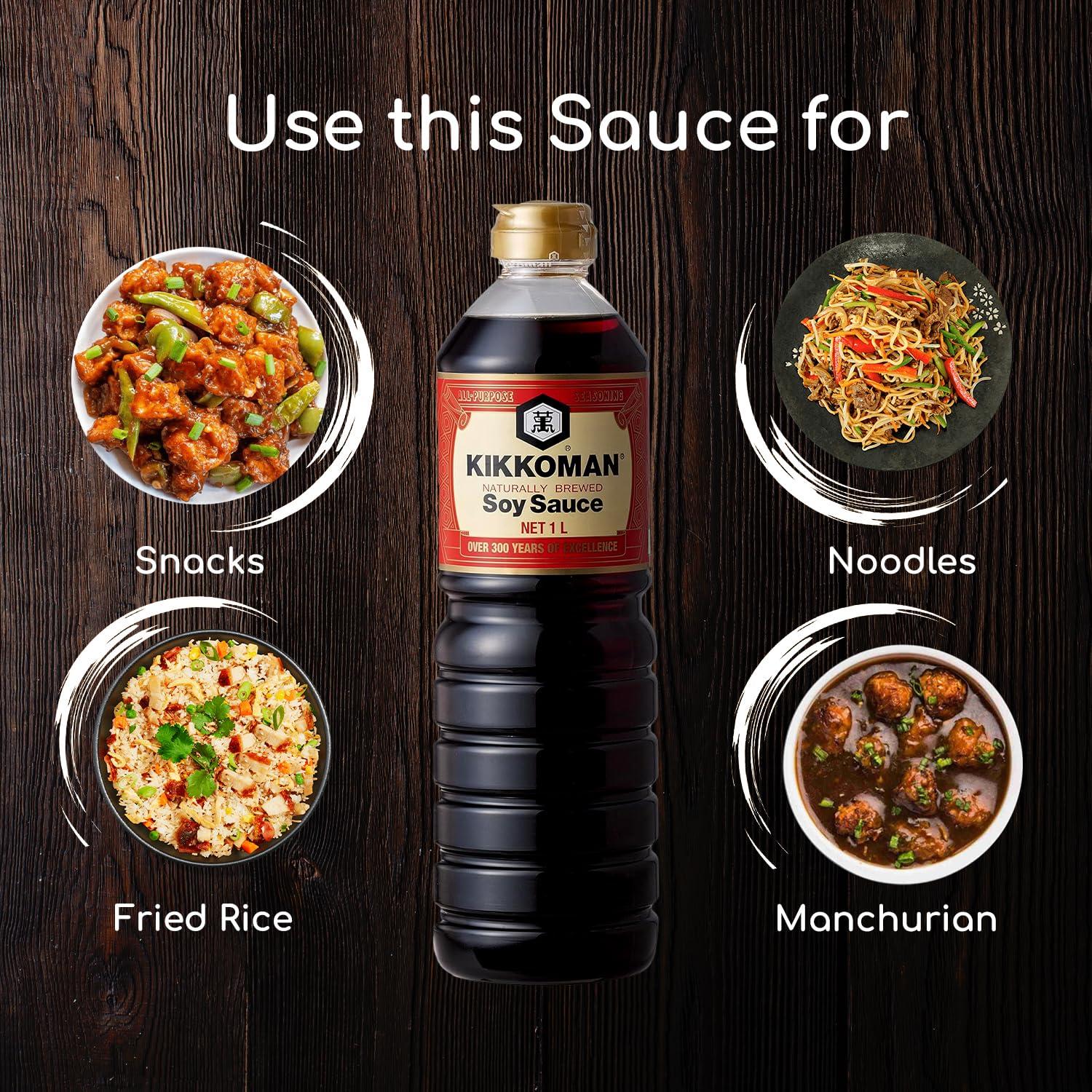 Kikkoman Kikkoman Naturally Brewed Soy Sauce - 1 Litre | Made in Japan, All Purpose Seasoning - 4 ingredients- Soy Beans, Salt, Water, Wheat | Vegetarian, No Added Colour or Preservatives