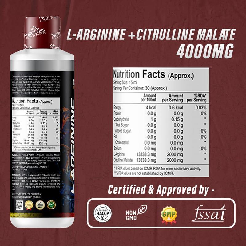 Nutrabliss NUTRABLISS L-Arginine Liquid 4000mg + Citrulline Malate | Improve Athletic Performance, Nitric Oxide Booster and Supports Recovery(450ml, Fruit Punch)