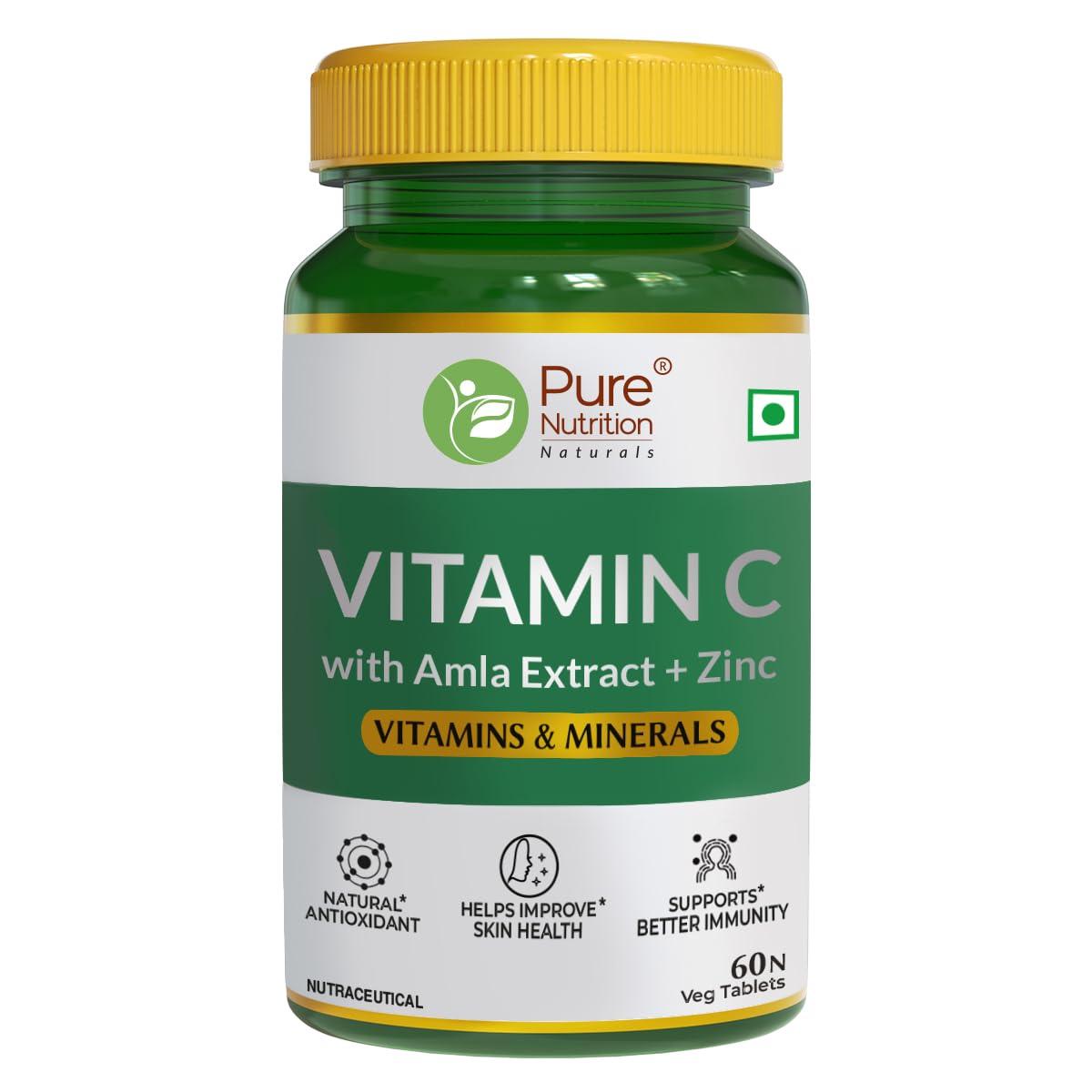Pure Nutrition Naturals Pure Nutrition Vitamin C with Amla Extract + Zinc Supplement | Boost Immunity | Support In Skin & bone Health - 60 Veg Tablets