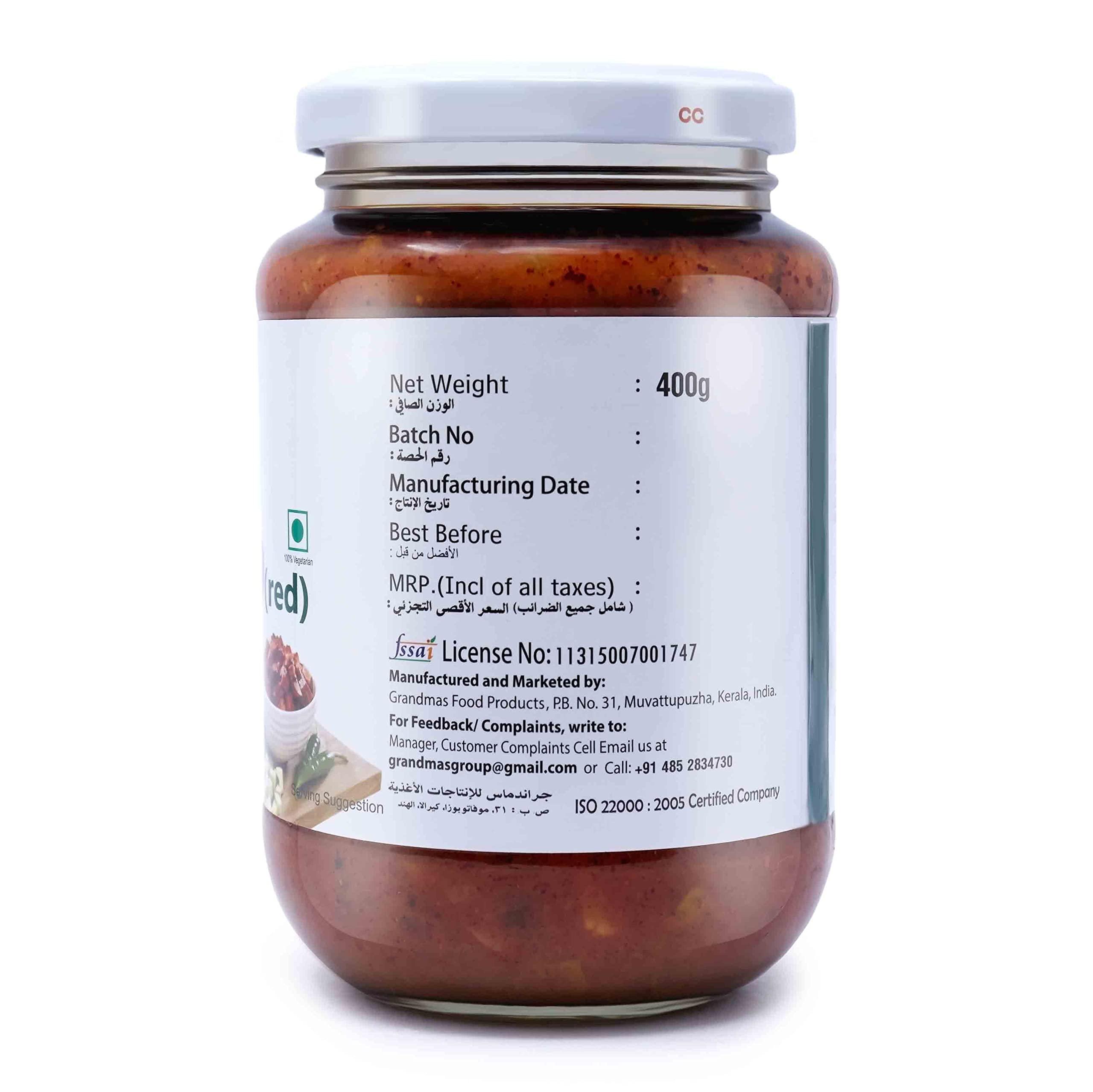 Grandmas Grandmas Authentic Kerala Style Kaduku Mango Pickle | Kaduku Manga Achar | 400g Bottle| Hot and Spicy South Indian Pickle (Pack of 1)